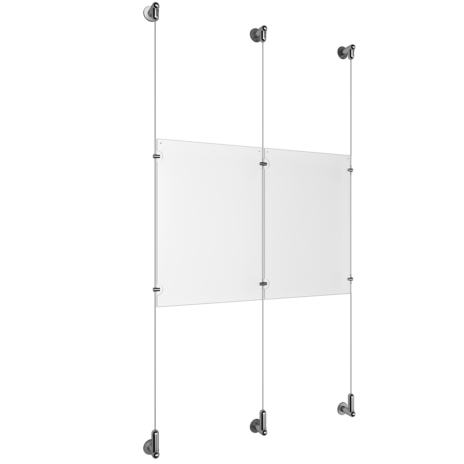 (2) 11'' Width x 17'' Height Clear Acrylic Frame & (3) Wall-to-Wall Aluminum Clear Anodized Cable Systems with (4) Single-Sided Panel Grippers (2) Double-Sided Panel Grippers