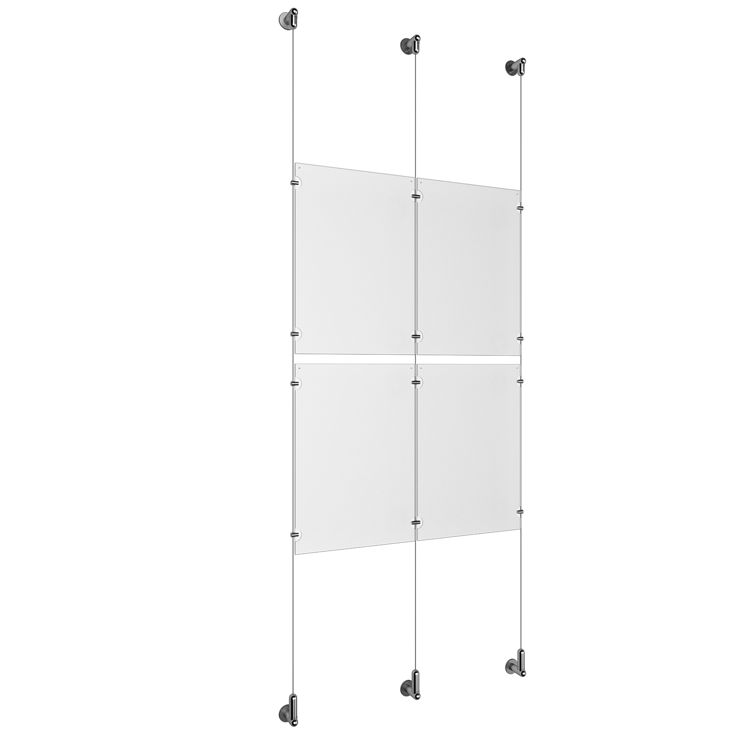(4) 11'' Width x 17'' Height Clear Acrylic Frame & (3) Wall-to-Wall Aluminum Clear Anodized Cable Systems with (8) Single-Sided Panel Grippers (4) Double-Sided Panel Grippers