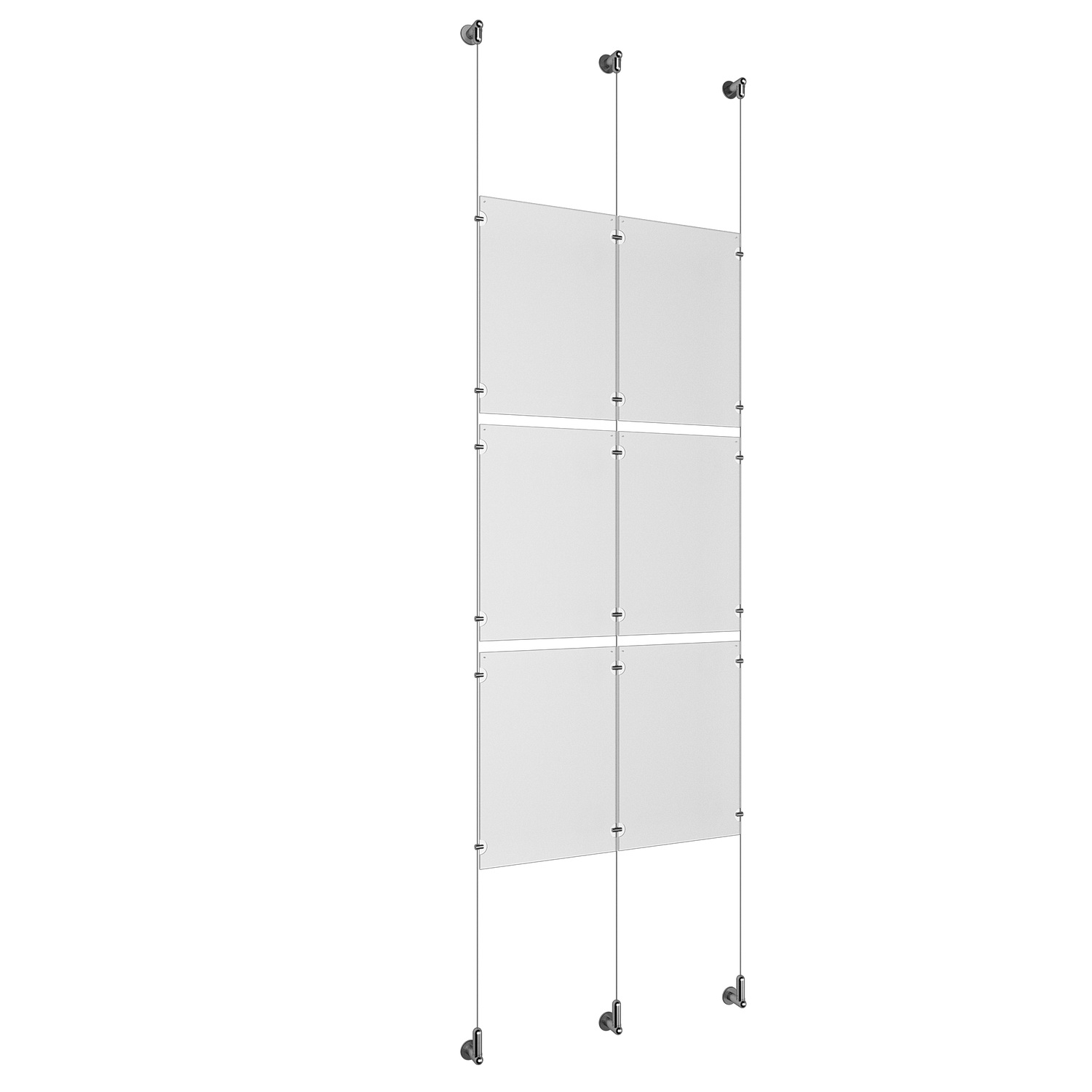 (6) 11'' Width x 17'' Height Clear Acrylic Frame & (3) Wall-to-Wall Aluminum Clear Anodized Cable Systems with (12) Single-Sided Panel Grippers (6) Double-Sided Panel Grippers