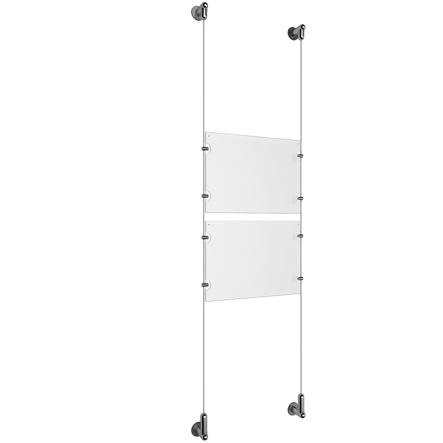 (2) 11'' Width x 8-1/2'' Height Clear Acrylic Frame & (2) Wall-to-Wall Aluminum Clear Anodized Cable Systems with (8) Single-Sided Panel Grippers