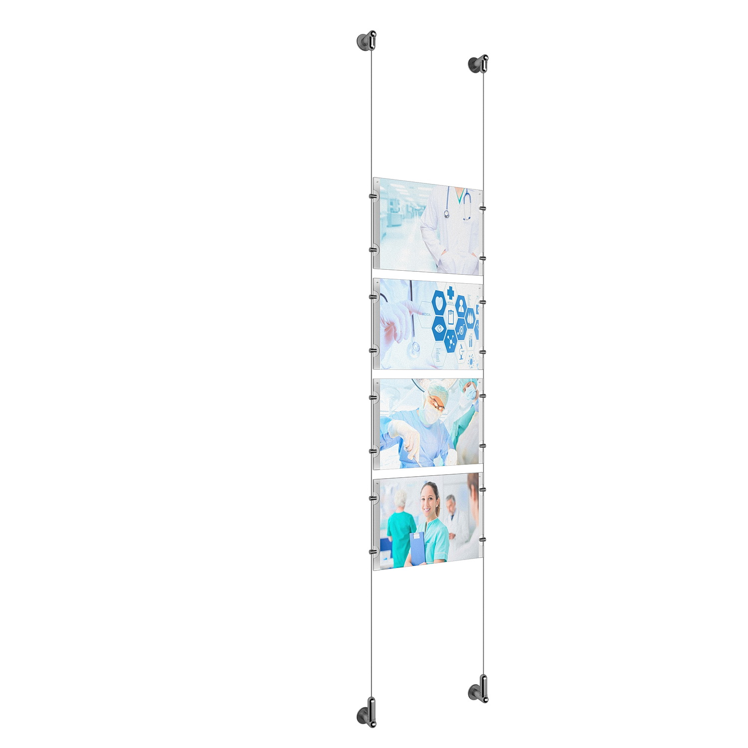 (4) 11'' Width x 8-1/2'' Height Clear Acrylic Frame & (2) Wall-to-Wall Aluminum Clear Anodized Cable Systems with (16) Single-Sided Panel Grippers