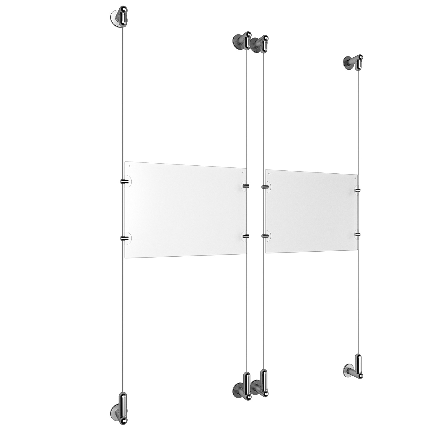 (2) 11'' Width x 8-1/2'' Height Clear Acrylic Frame & (4) Wall-to-Wall Aluminum Clear Anodized Cable Systems with (8) Single-Sided Panel Grippers