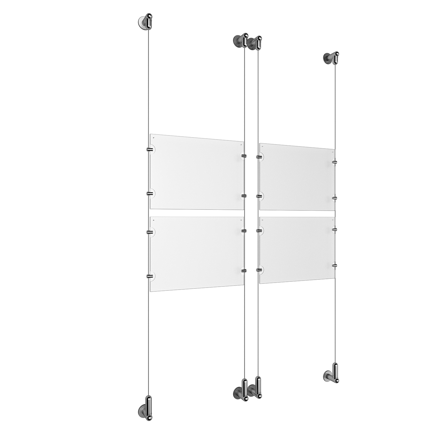 (4) 11'' Width x 8-1/2'' Height Clear Acrylic Frame & (4) Wall-to-Wall Aluminum Clear Anodized Cable Systems with (16) Single-Sided Panel Grippers