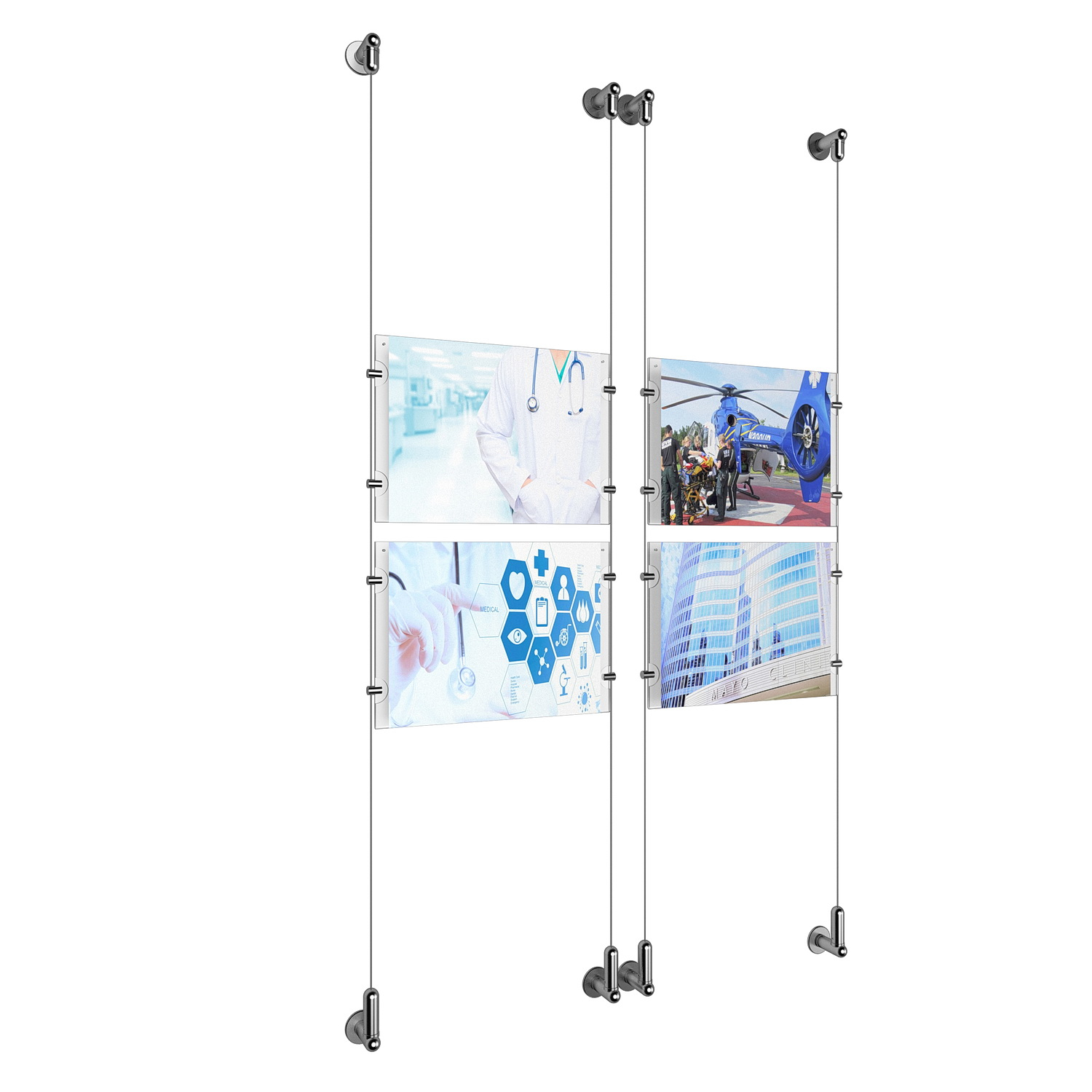 (4) 11'' Width x 8-1/2'' Height Clear Acrylic Frame & (4) Wall-to-Wall Aluminum Clear Anodized Cable Systems with (16) Single-Sided Panel Grippers