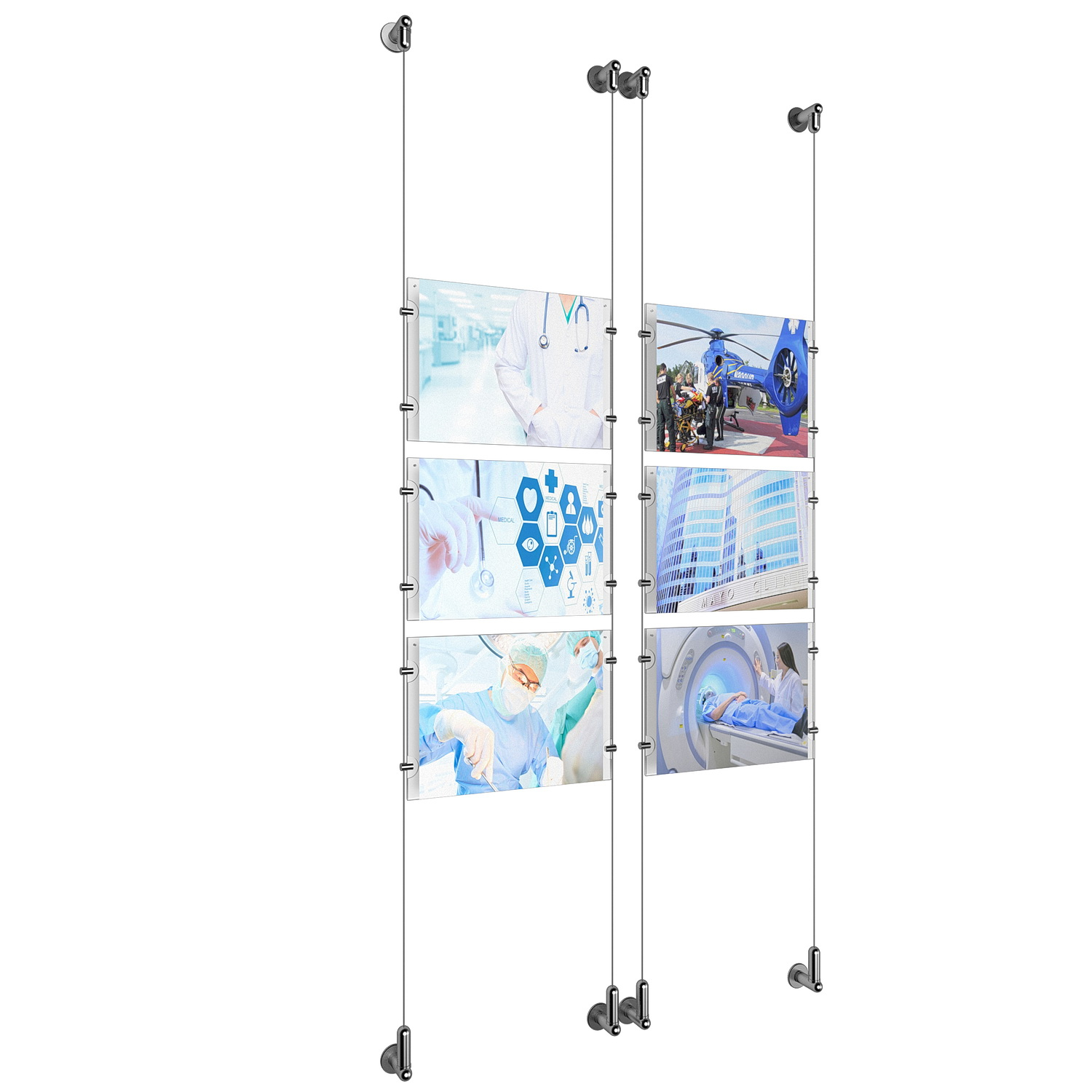 (6) 11'' Width x 8-1/2'' Height Clear Acrylic Frame & (4) Wall-to-Wall Aluminum Clear Anodized Cable Systems with (24) Single-Sided Panel Grippers
