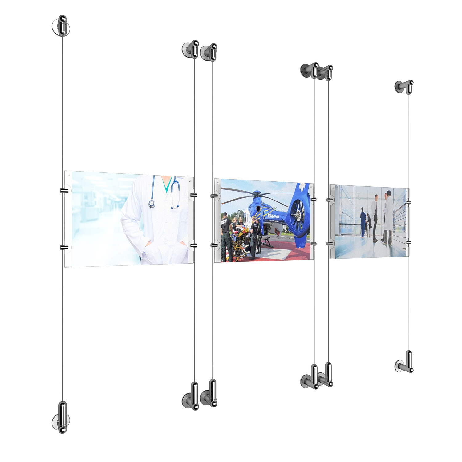 (3) 11'' Width x 8-1/2'' Height Clear Acrylic Frame & (6) Wall-to-Wall Aluminum Clear Anodized Cable Systems with (12) Single-Sided Panel Grippers