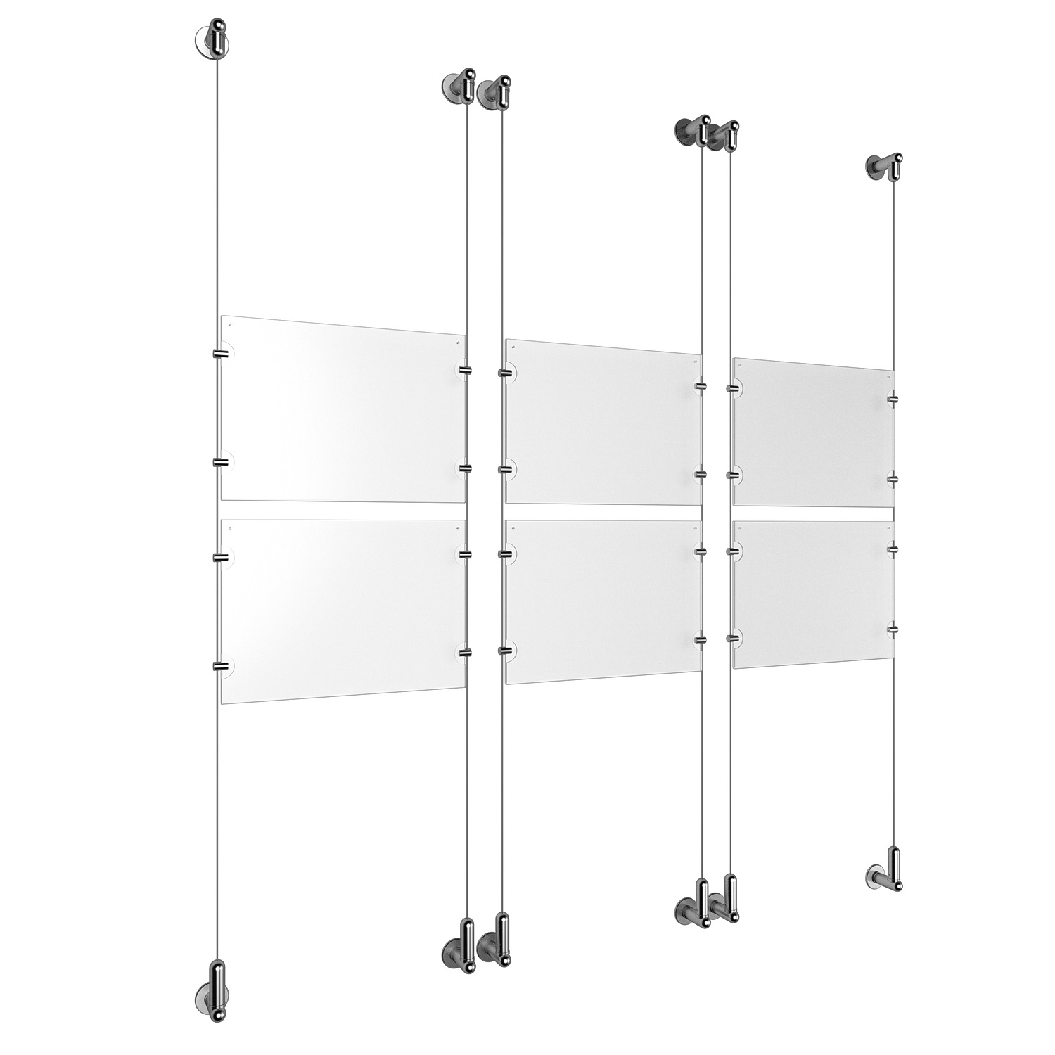 (6) 11'' Width x 8-1/2'' Height Clear Acrylic Frame & (6) Wall-to-Wall Aluminum Clear Anodized Cable Systems with (24) Single-Sided Panel Grippers