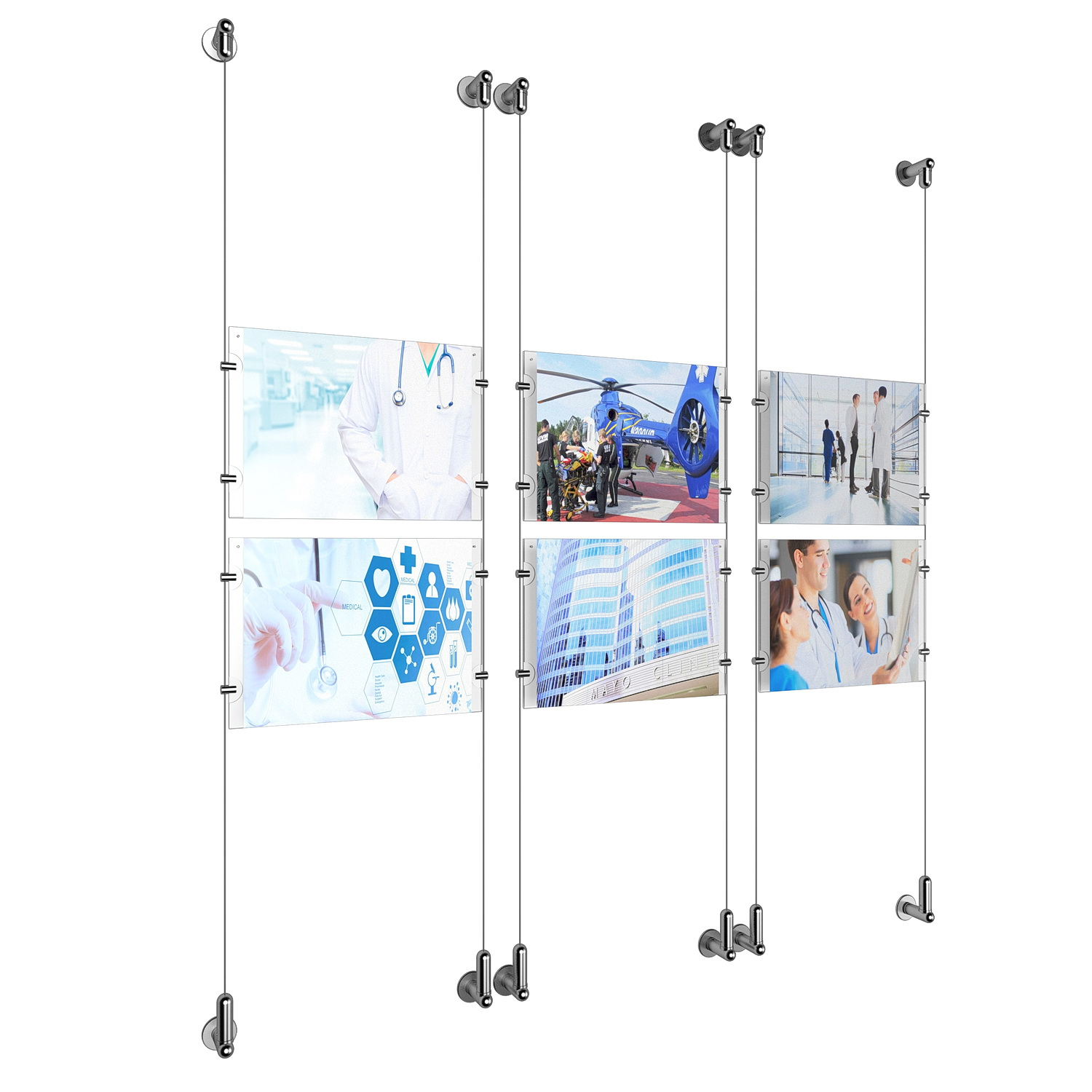 (6) 11'' Width x 8-1/2'' Height Clear Acrylic Frame & (6) Wall-to-Wall Aluminum Clear Anodized Cable Systems with (24) Single-Sided Panel Grippers