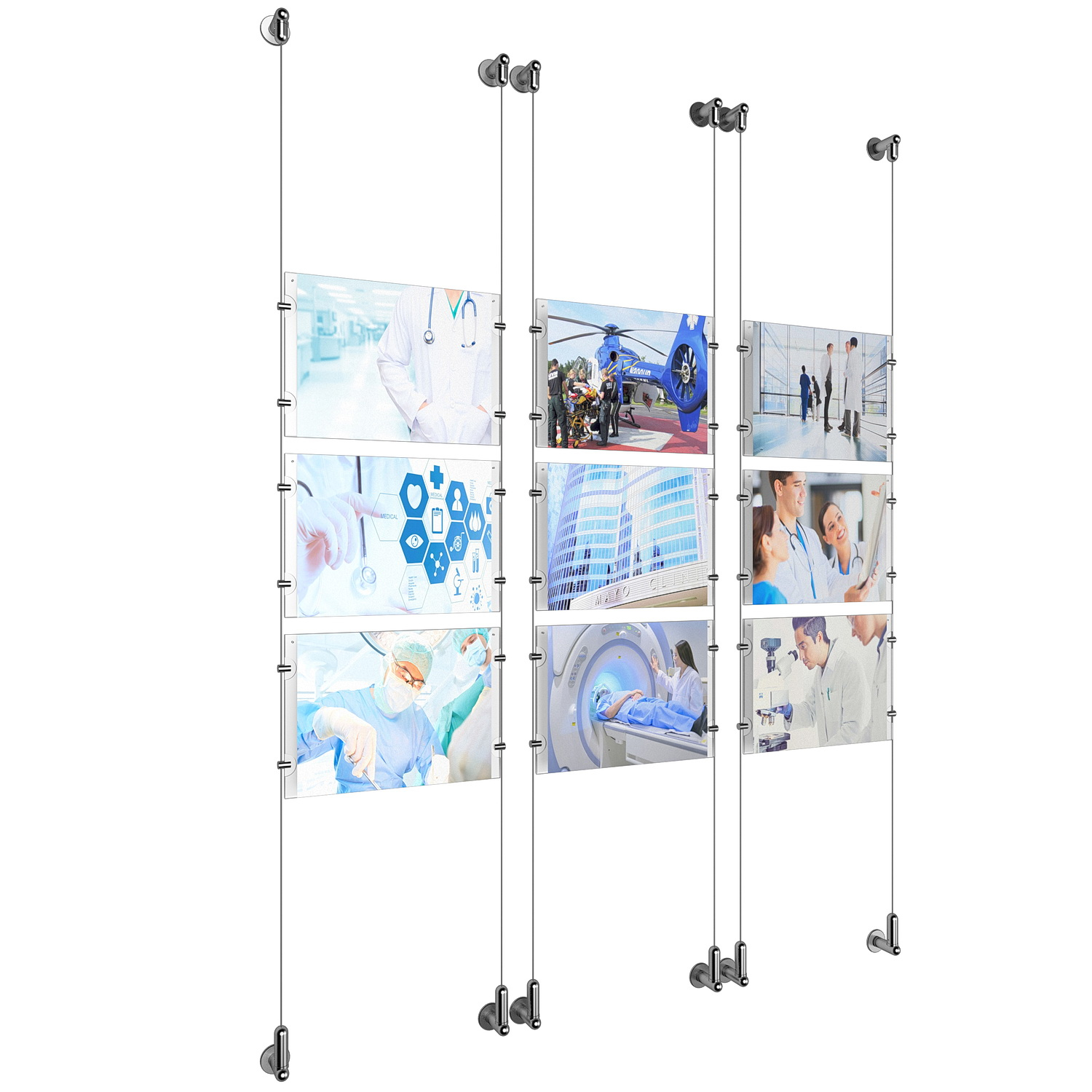 (9) 11'' Width x 8-1/2'' Height Clear Acrylic Frame & (6) Wall-to-Wall Aluminum Clear Anodized Cable Systems with (36) Single-Sided Panel Grippers