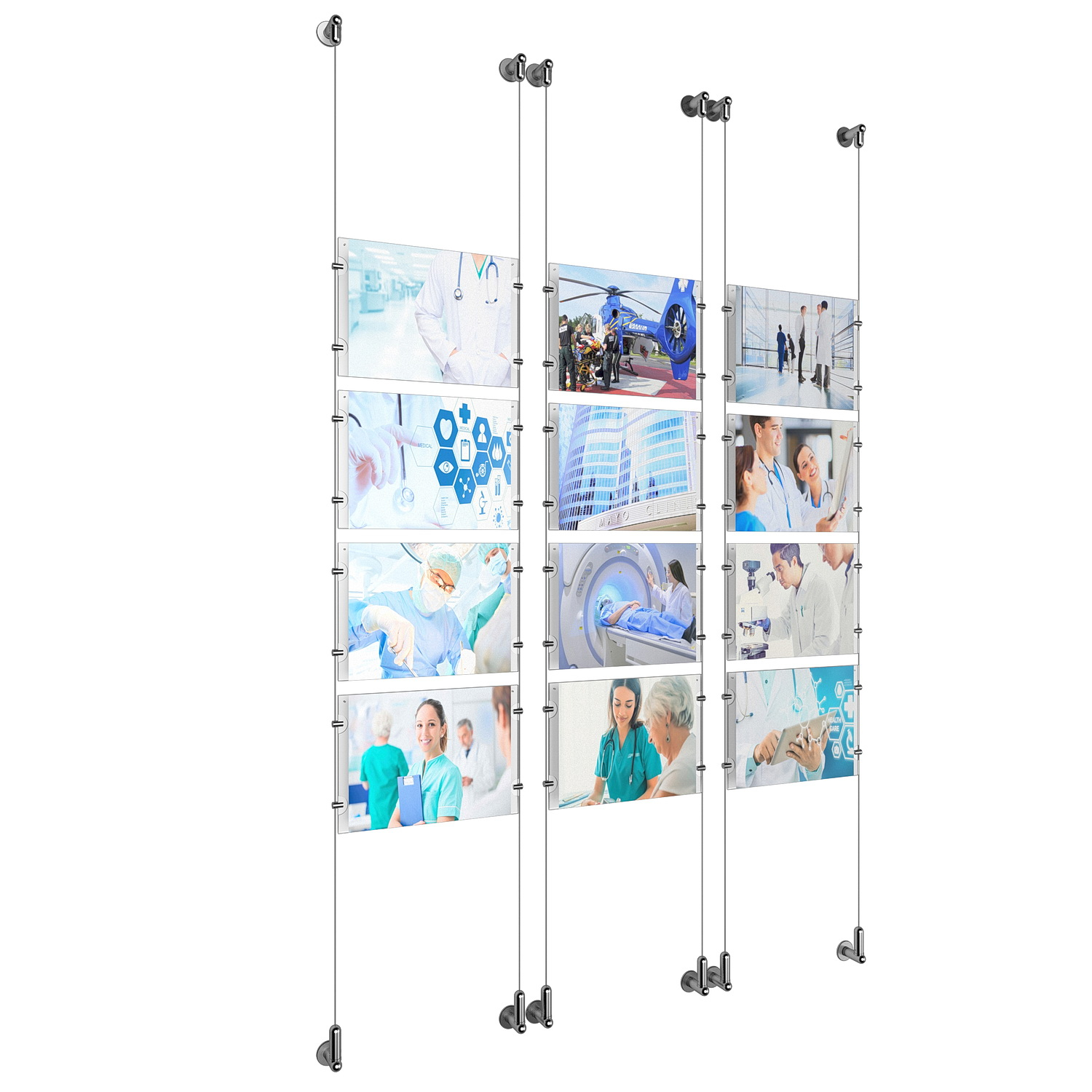 (12) 11'' Width x 8-1/2'' Height Clear Acrylic Frame & (6) Wall-to-Wall Aluminum Clear Anodized Cable Systems with (48) Single-Sided Panel Grippers