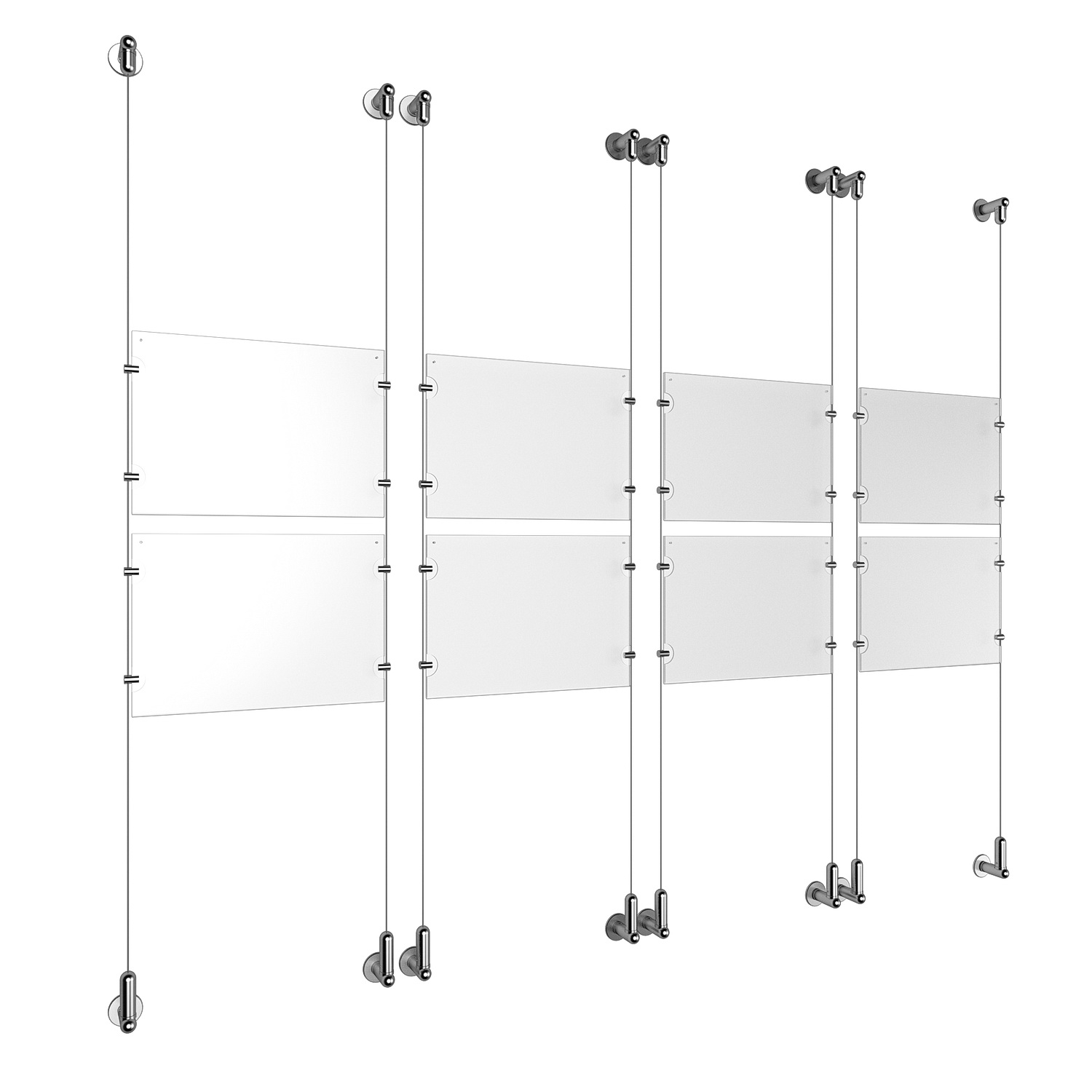 (8) 11'' Width x 8-1/2'' Height Clear Acrylic Frame & (8) Wall-to-Wall Aluminum Clear Anodized Cable Systems with (32) Single-Sided Panel Grippers