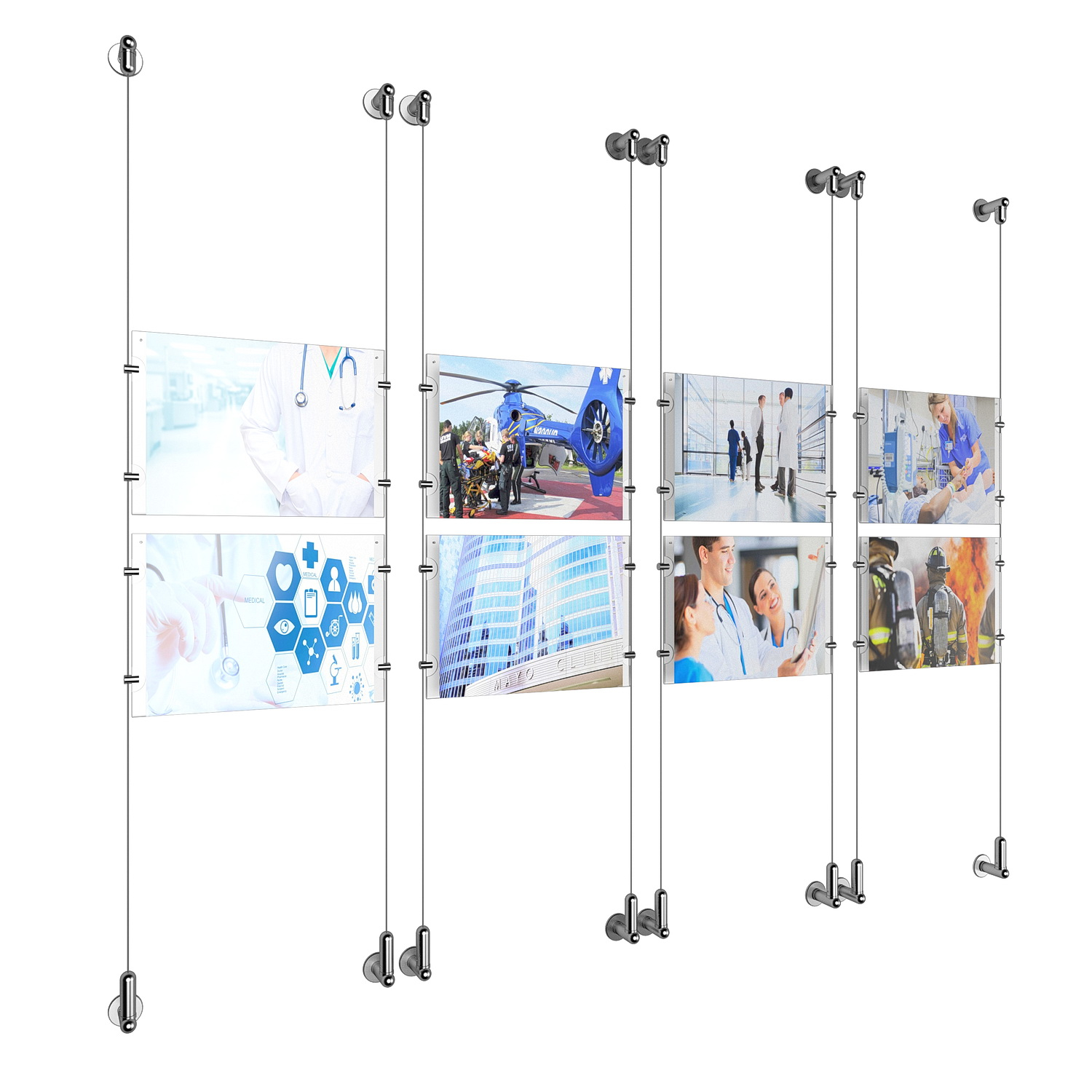 (8) 11'' Width x 8-1/2'' Height Clear Acrylic Frame & (8) Wall-to-Wall Aluminum Clear Anodized Cable Systems with (32) Single-Sided Panel Grippers