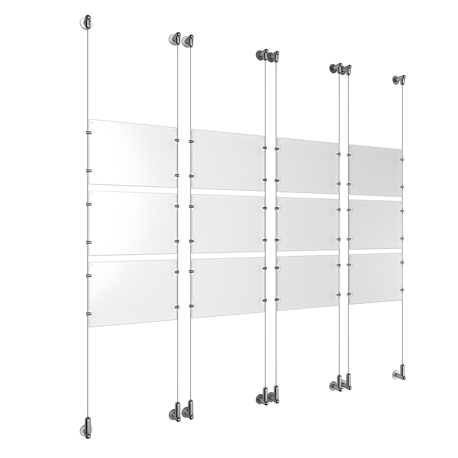 (12) 11'' Width x 8-1/2'' Height Clear Acrylic Frame & (8) Wall-to-Wall Aluminum Clear Anodized Cable Systems with (48) Single-Sided Panel Grippers