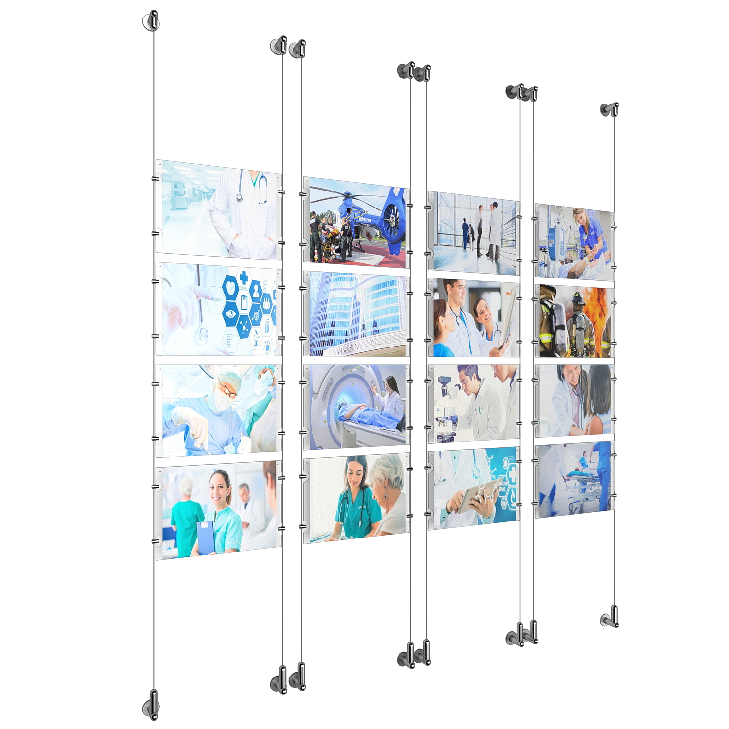 (16) 11'' Width x 8-1/2'' Height Clear Acrylic Frame & (8) Wall-to-Wall Aluminum Clear Anodized Cable Systems with (64) Single-Sided Panel Grippers