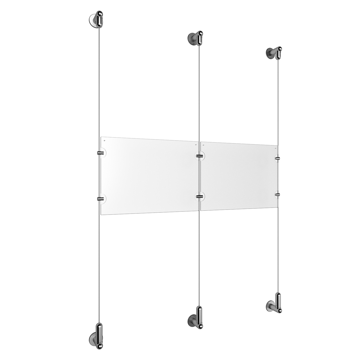 (2) 11'' Width x 8-1/2'' Height Clear Acrylic Frame & (3) Wall-to-Wall Aluminum Clear Anodized Cable Systems with (4) Single-Sided Panel Grippers (2) Double-Sided Panel Grippers