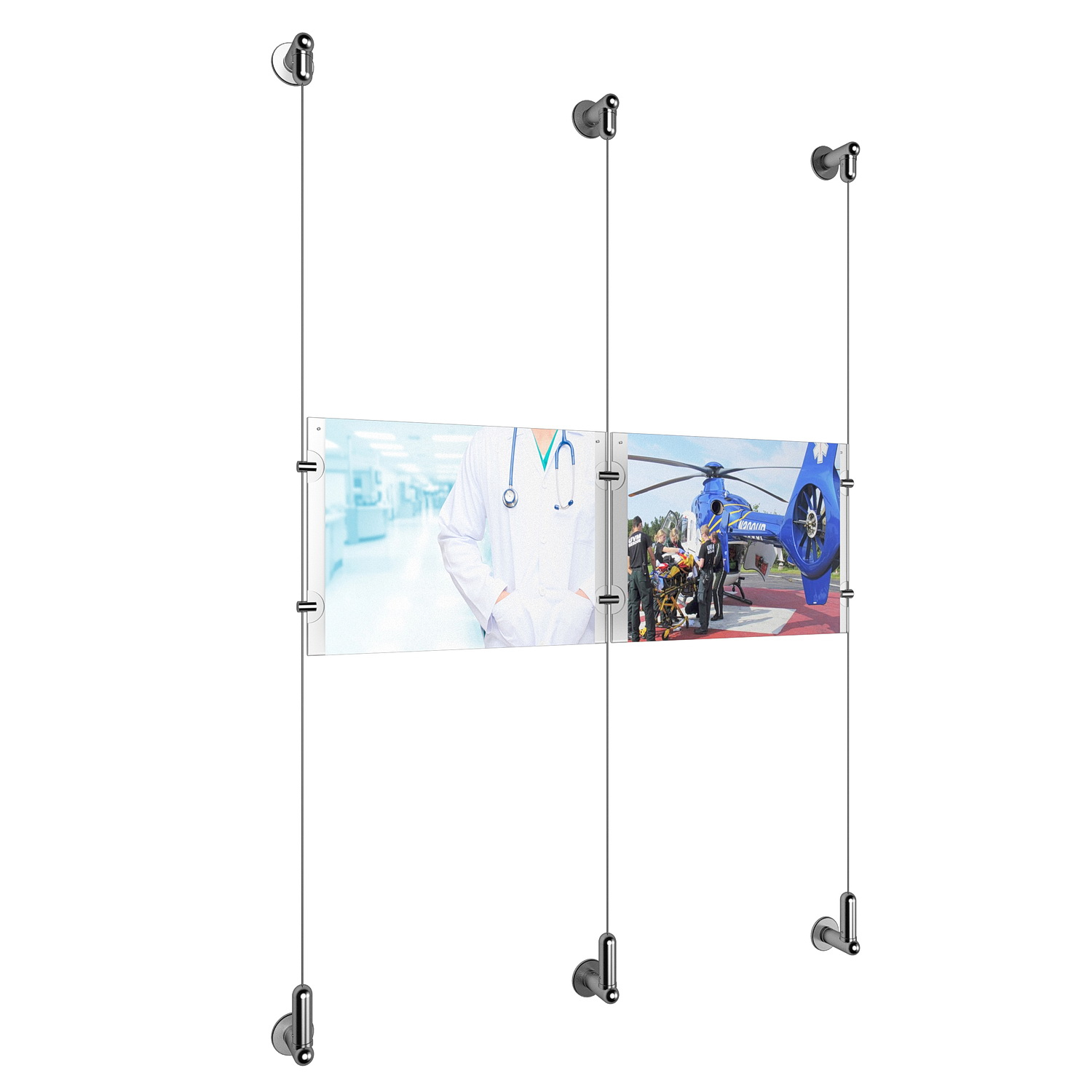 (2) 11'' Width x 8-1/2'' Height Clear Acrylic Frame & (3) Wall-to-Wall Aluminum Clear Anodized Cable Systems with (4) Single-Sided Panel Grippers (2) Double-Sided Panel Grippers
