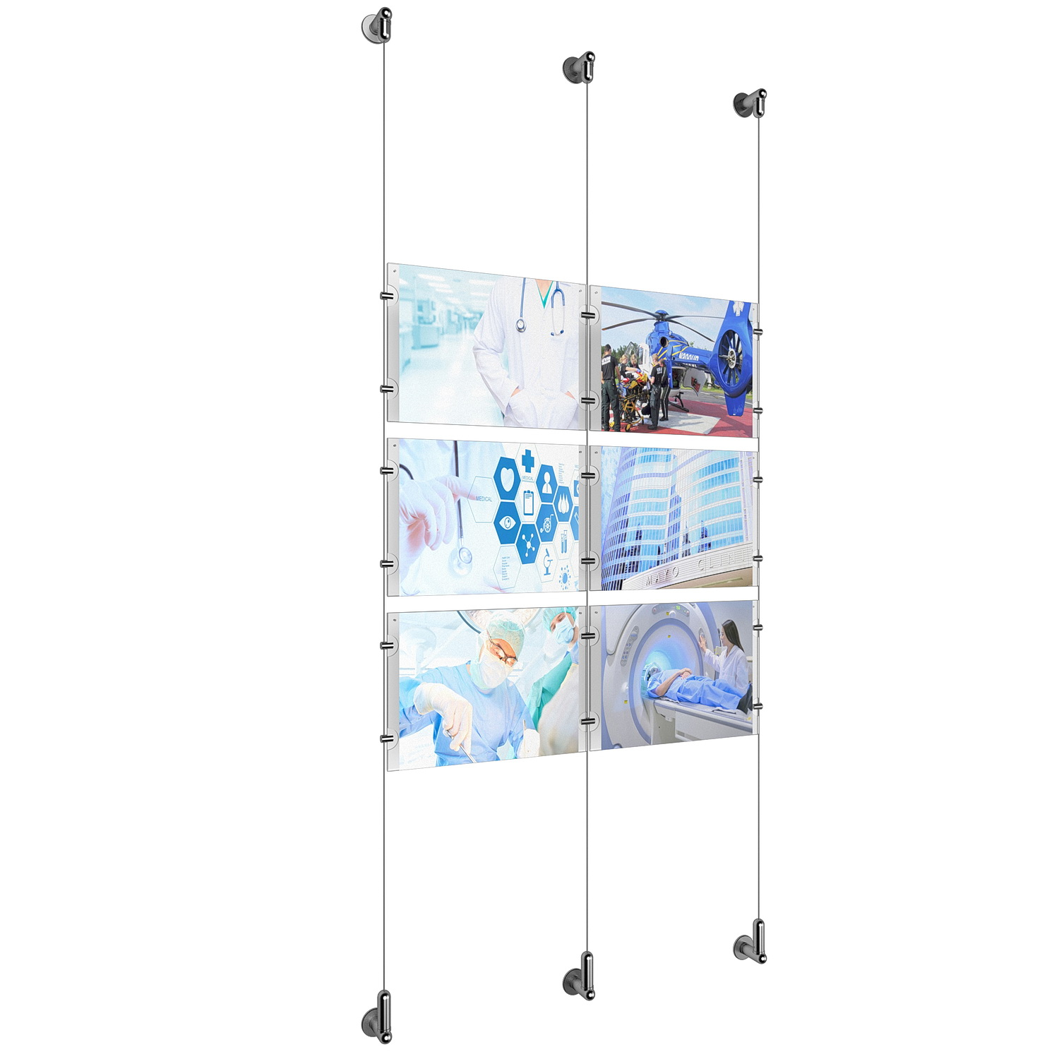 (6) 11'' Width x 8-1/2'' Height Clear Acrylic Frame & (3) Wall-to-Wall Aluminum Clear Anodized Cable Systems with (12) Single-Sided Panel Grippers (6) Double-Sided Panel Grippers