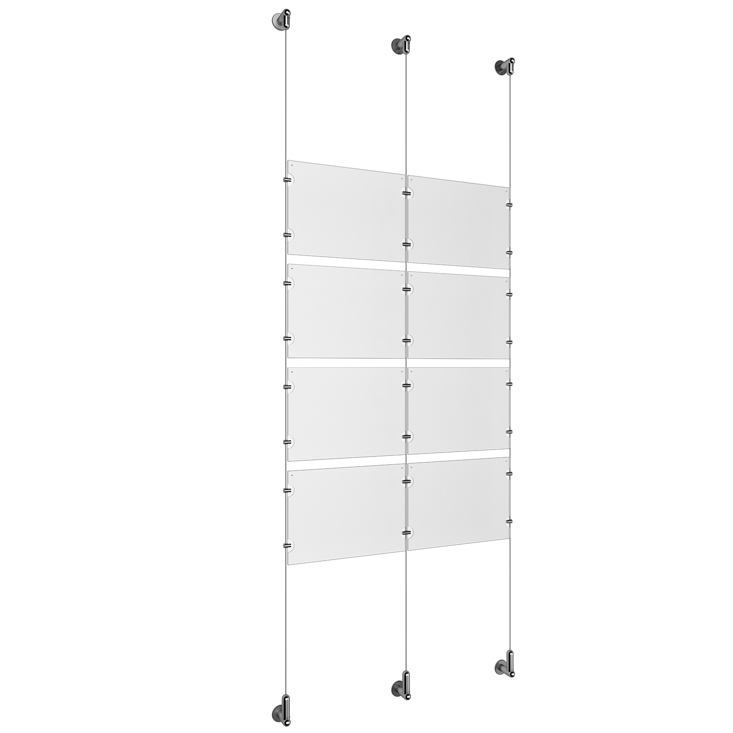 (8) 11'' Width x 8-1/2'' Height Clear Acrylic Frame & (3) Wall-to-Wall Aluminum Clear Anodized Cable Systems with (16) Single-Sided Panel Grippers (8) Double-Sided Panel Grippers