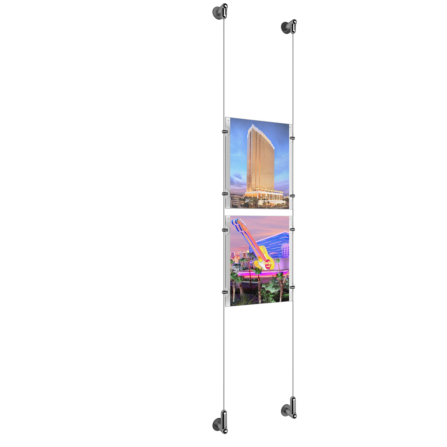 (2) 8-1/2'' Width x 11'' Height Clear Acrylic Frame & (2) Wall-to-Wall Aluminum Clear Anodized Cable Systems with (8) Single-Sided Panel Grippers