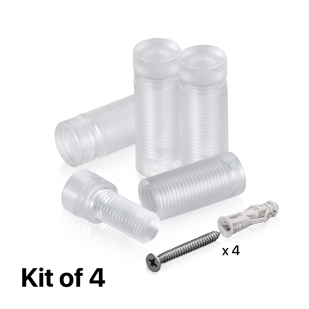 (Set of 4) 1/2'' Diameter X 1'' Barrel Length, Clear Acrylic Standoff. Standoff with (4) 2208Z Screw and (4) LANC1 Anchor for concrete or drywall (For Inside Use Only) Secure [Required Material Hole Size: 3/8'']