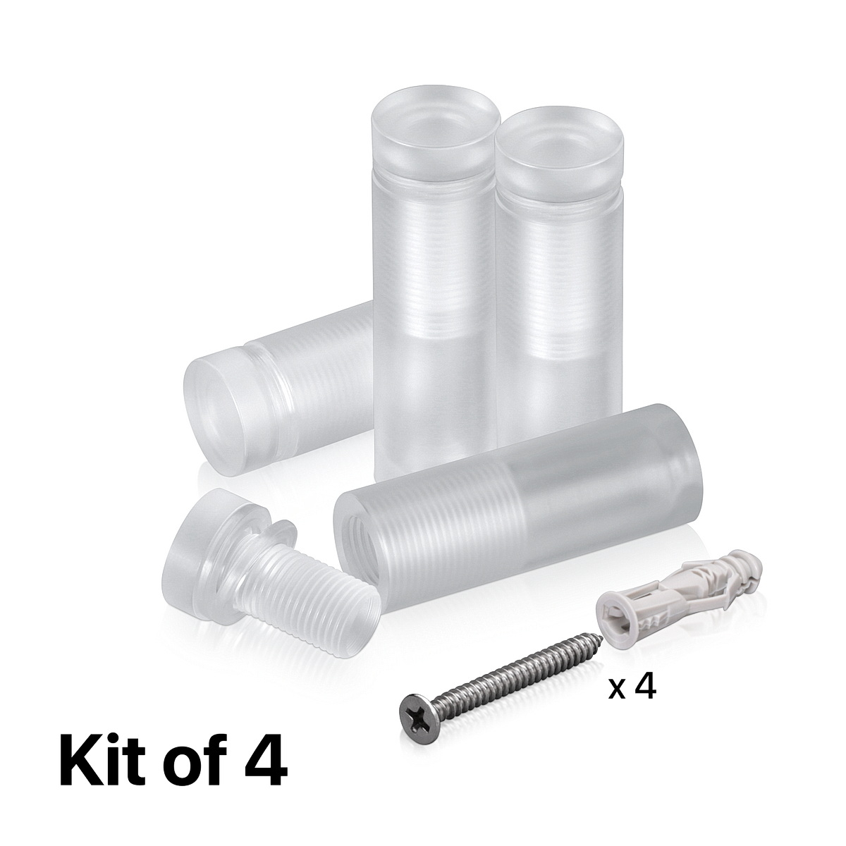 (Set of 4) 5/8'' Diameter X 1-3/4'' Barrel Length, Clear Acrylic Standoff. Standoff with (4) 2208Z Screw and (4) LANC1 Anchor for concrete or drywall (For Inside Use Only) Secure [Required Material Hole Size: 3/8'']