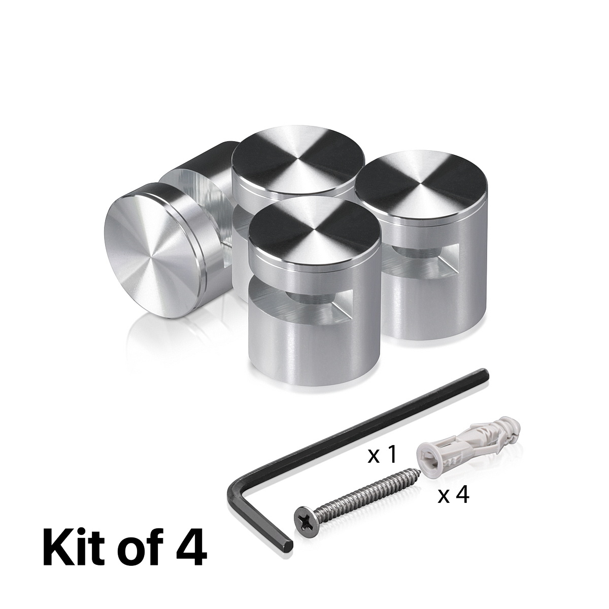 (Set of 4) 1'' Diameter X 9/16'' Barrel Length, Aluminum Clear Shiny Anodized Finish. Easy Fasten Edge Grip Standoff with (4) 2216Z Screws and (4) LANC1 Anchors for concrete or drywall (For Inside Use Only)