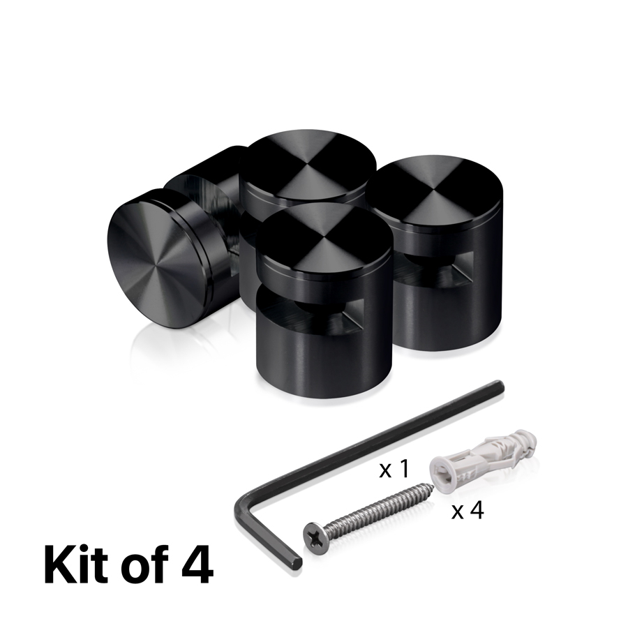 (Set of 4) 1'' Diameter X 9/16'' Barrel Length, Aluminum Black Anodized Finish. Easy Fasten Edge Grip Standoff with (4) 2216Z Screws and (4) LANC1 Anchors for concrete or drywall (For Inside Use Only)