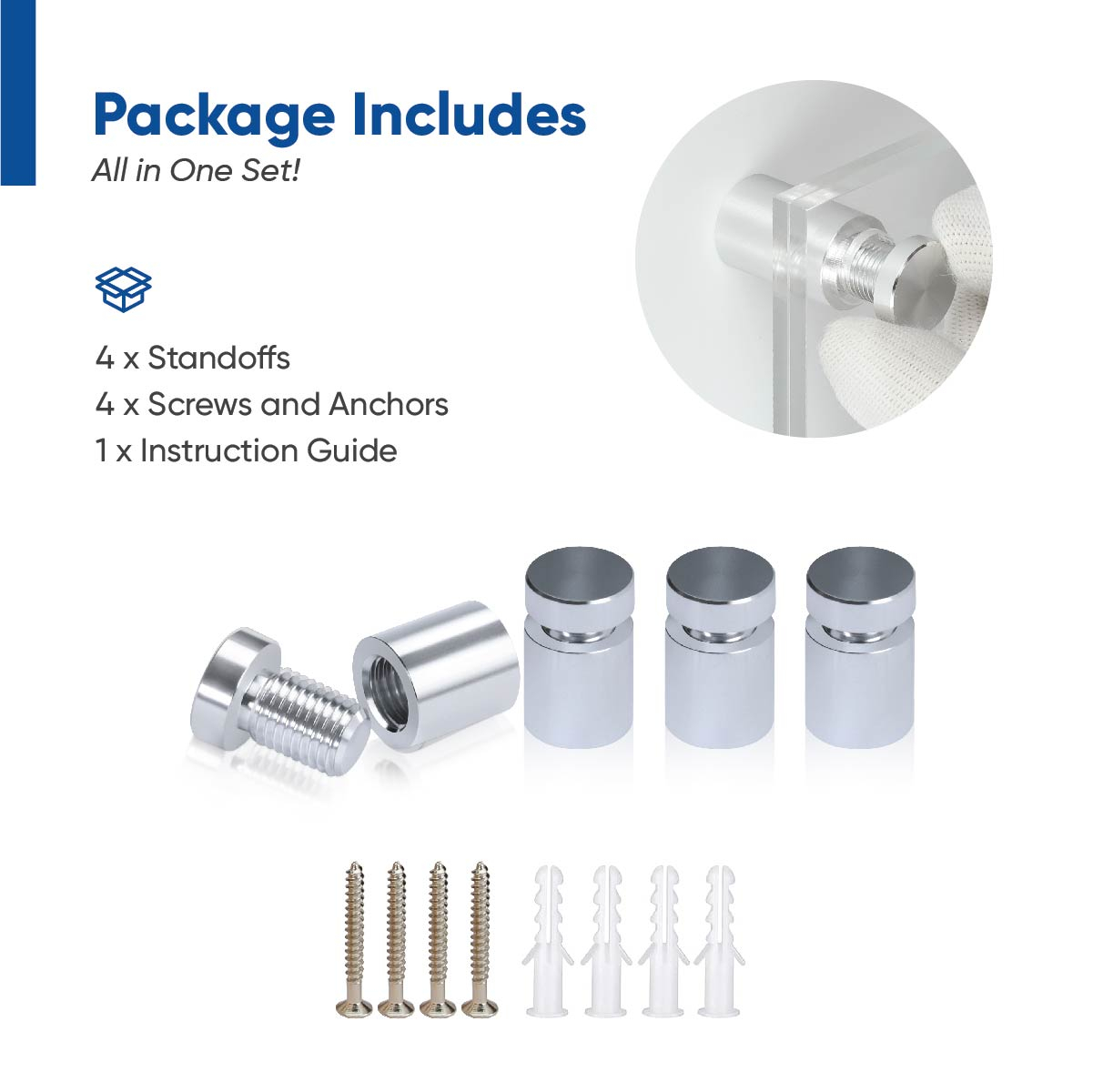 (Set of 4) 1/2'' Diameter X 1/2'' Barrel Length, Affordable Aluminum Standoffs, Silver Anodized Finish Standoff and (4) 2208Z Screw and (4) LANC1 Anchor for concrete/drywall (For Inside/Outside) [Required Material Hole Size: 3/8'']