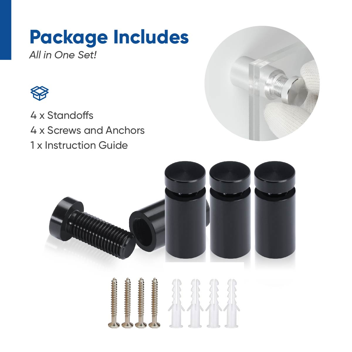 (Set of 4) 1/2'' Diameter X 3/4'' Barrel Length, Affordable Aluminum Standoffs, Black Anodized Finish Standoff and (4) 2208Z Screw and (4) LANC1 Anchor for concrete/drywall (For Inside/Outside) [Required Material Hole Size: 3/8'']