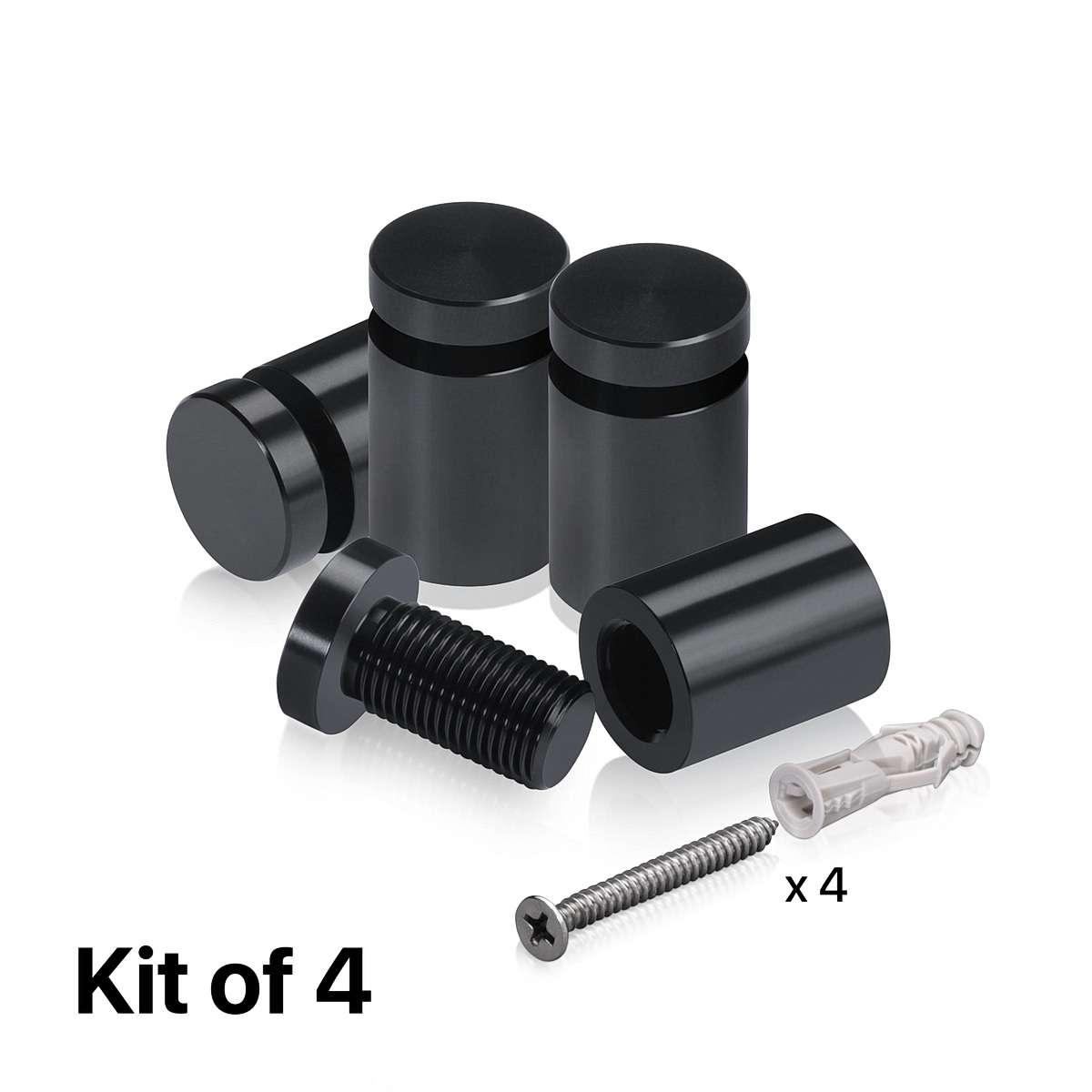 (Set of 4) 5/8'' Diameter X 3/4'' Barrel Length, Affordable Aluminum Standoffs, Black Anodized Finish Standoff and (4) 2208Z Screw and (4) LANC1 Anchor for concrete/drywall (For Inside/Outside) [Required Material Hole Size: 7/16'']