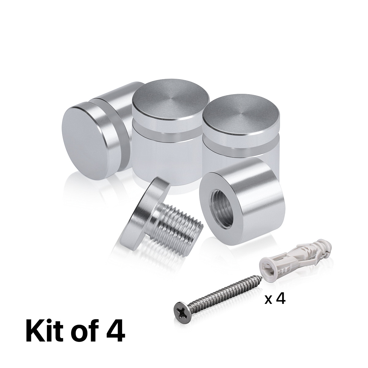 (Set of 4) 3/4'' Diameter X 1/2'' Barrel Length, Affordable Aluminum Standoffs, Silver Anodized Finish Standoff and (4) 2216Z Screws and (4) LANC1 Anchors for concrete/drywall (For Inside/Outside) [Required Material Hole Size: 7/16'']