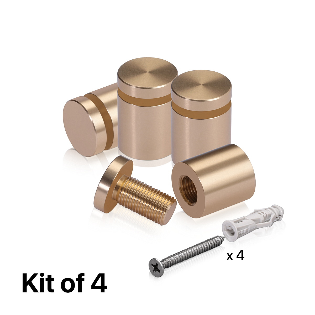(Set of 4) 3/4'' Diameter X 3/4'' Barrel Length, Affordable Aluminum Standoffs, Champagne Anodized Finish Standoff and (4) 2216Z Screws and (4) LANC2 Anchors for concrete/drywall (For Inside/Outside) [Required Material Hole Size: 7/16'']