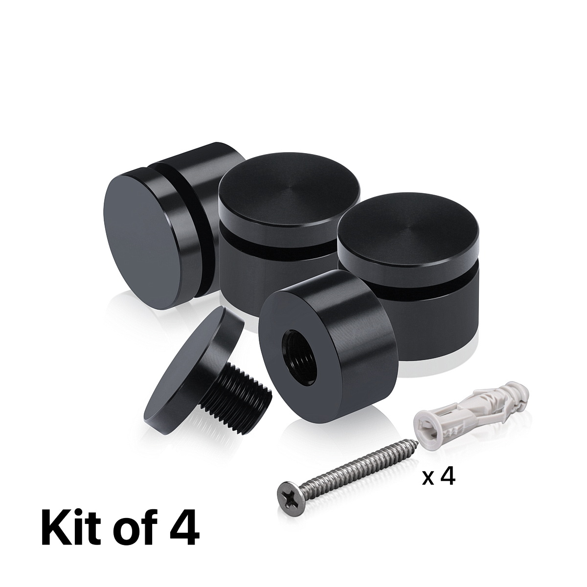 (Set of 4) 1'' Diameter X 1/2'' Barrel Length, Affordable Aluminum Standoffs, Black Anodized Finish Standoff and (4) 2216Z Screws and (4) LANC1 Anchors for concrete/drywall (For Inside/Outside) [Required Material Hole Size: 7/16'']