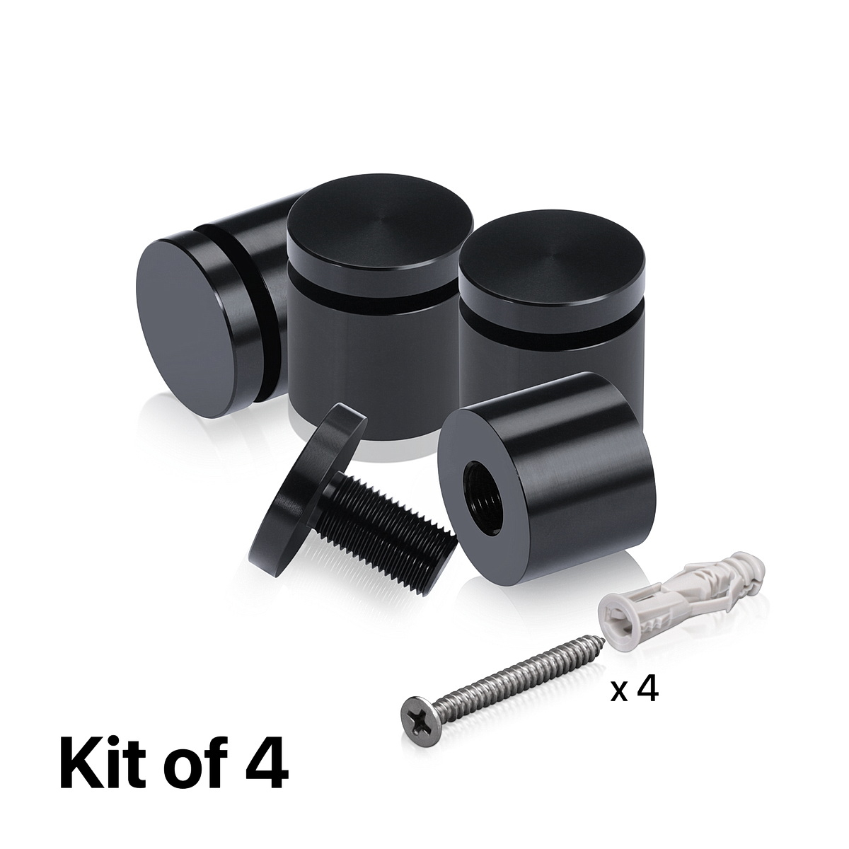 (Set of 4) 1'' Diameter X 3/4'' Barrel Length, Affordable Aluminum Standoffs, Black Anodized Finish Standoff and (4) 2216Z Screws and (4) LANC2 Anchors for concrete/drywall (For Inside/Outside) [Required Material Hole Size: 7/16'']