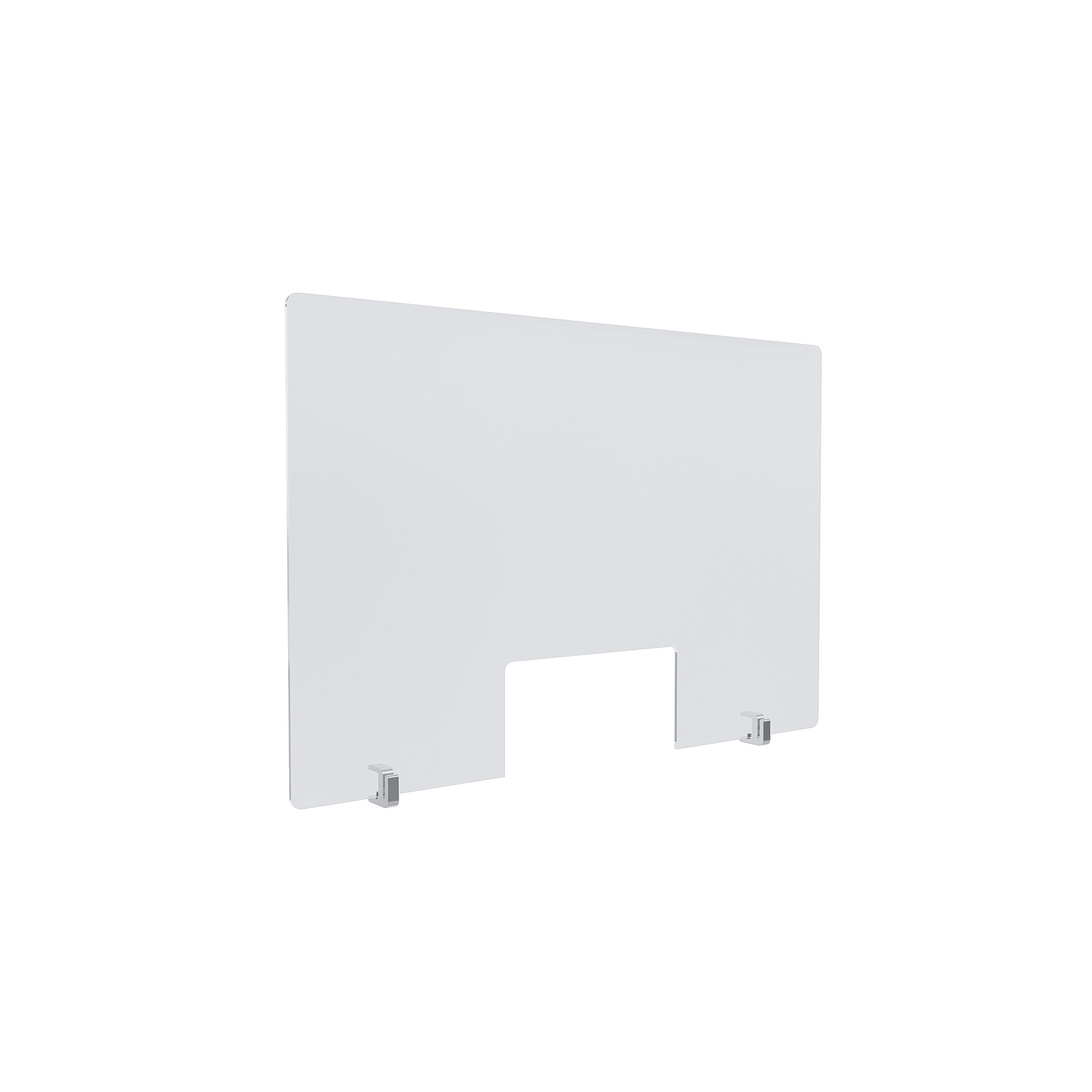 Clear Acrylic Sneeze Guard 30'' Wide x 20'' Tall (10'' x 5'' Cut Out), with (2) Clear Anodized Aluminum Front Gripping Counter Clamps (Clamp Material Accepted  1-1/2'' to 1-5/8'').
