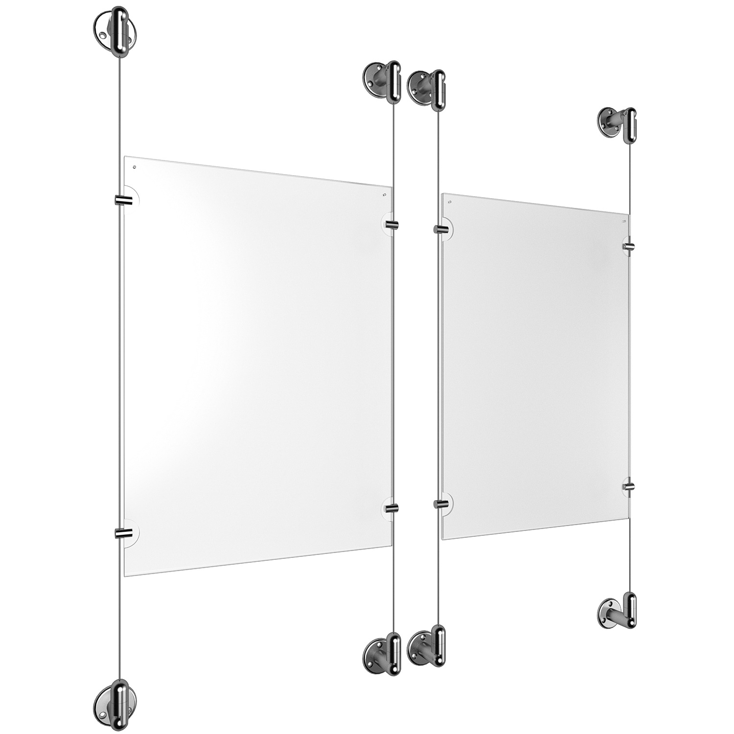 (2) 11'' Width x 17'' Height Clear Acrylic Frame & (4) Aluminum Clear Anodized Adjustable Angle Cable Systems with (8) Single-Sided Panel Grippers