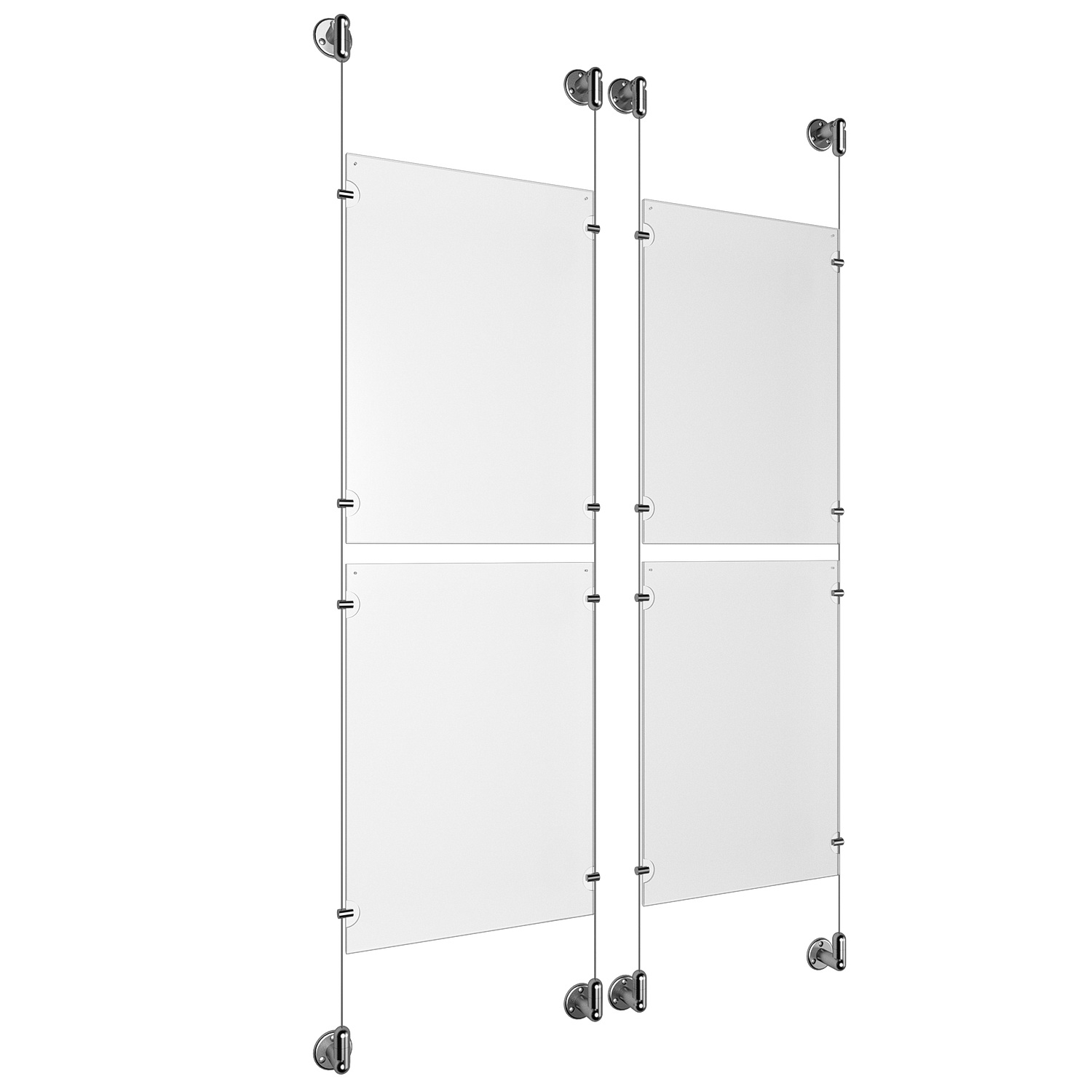(4) 11'' Width x 17'' Height Clear Acrylic Frame & (4) Aluminum Clear Anodized Adjustable Angle Cable Systems with (16) Single-Sided Panel Grippers