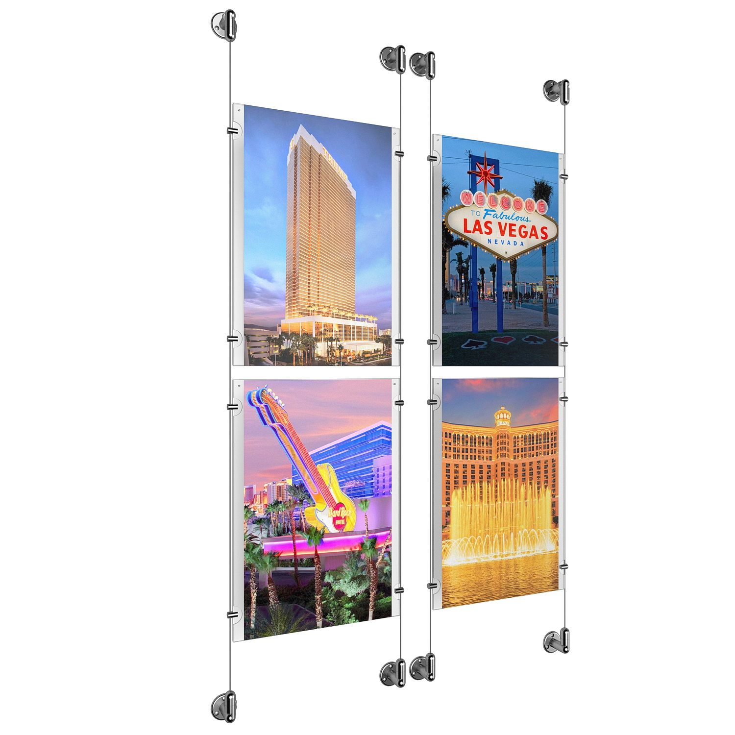 (4) 11'' Width x 17'' Height Clear Acrylic Frame & (4) Aluminum Clear Anodized Adjustable Angle Cable Systems with (16) Single-Sided Panel Grippers