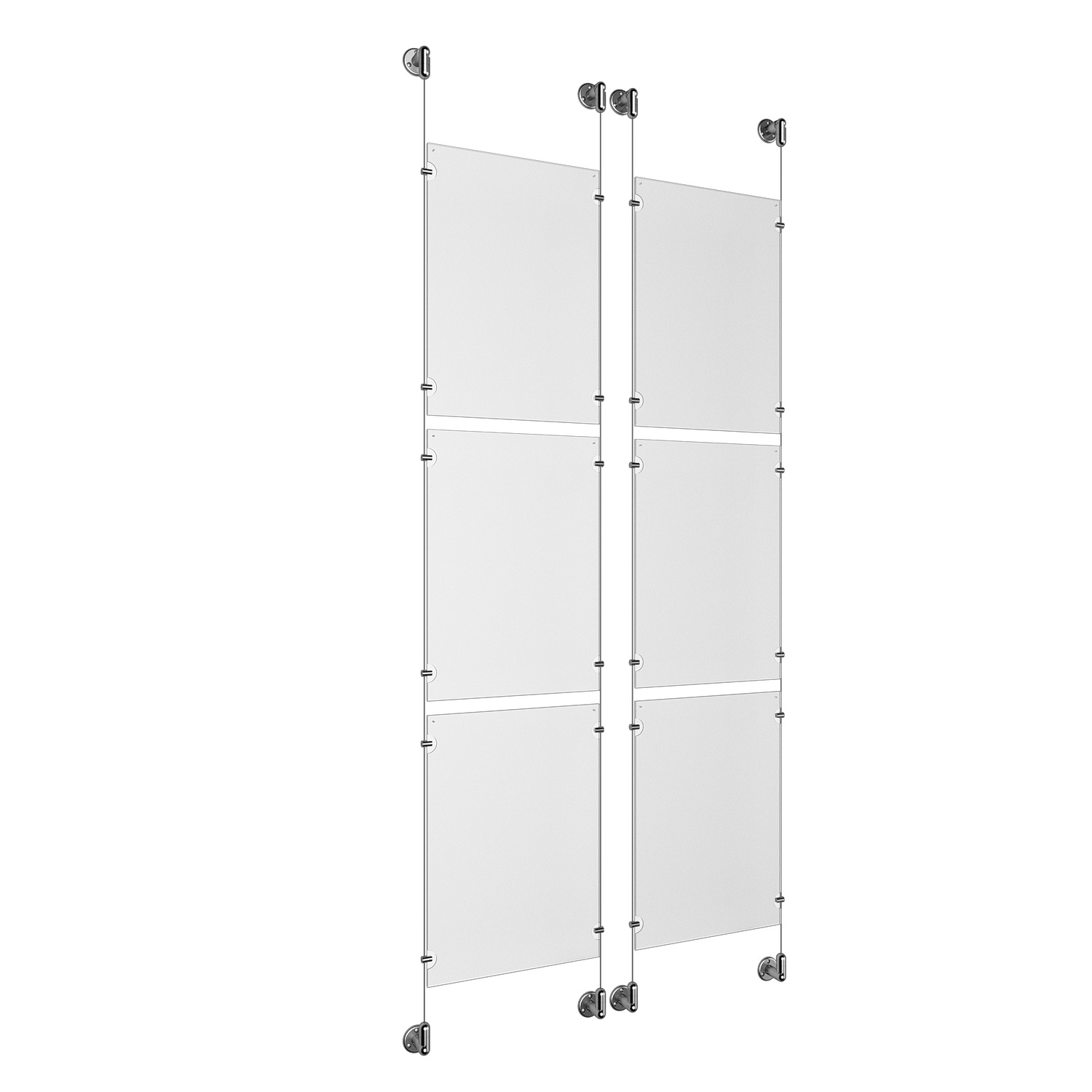 (6) 11'' Width x 17'' Height Clear Acrylic Frame & (4) Aluminum Clear Anodized Adjustable Angle Cable Systems with (24) Single-Sided Panel Grippers