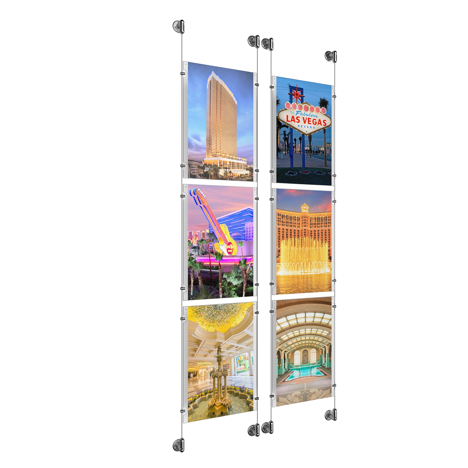 (6) 11'' Width x 17'' Height Clear Acrylic Frame & (4) Aluminum Clear Anodized Adjustable Angle Cable Systems with (24) Single-Sided Panel Grippers