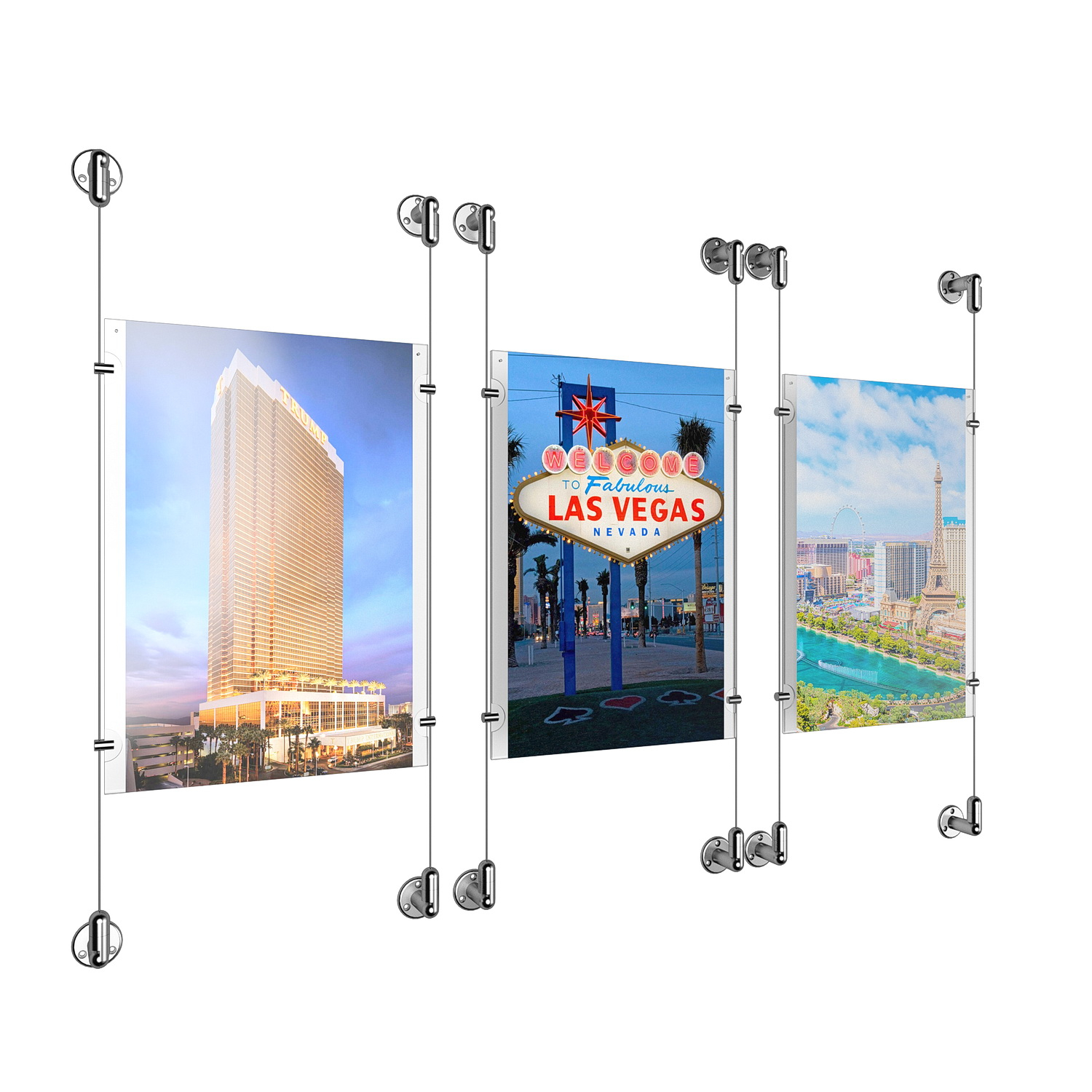 (3) 11'' Width x 17'' Height Clear Acrylic Frame & (6) Aluminum Clear Anodized Adjustable Angle Cable Systems with (12) Single-Sided Panel Grippers