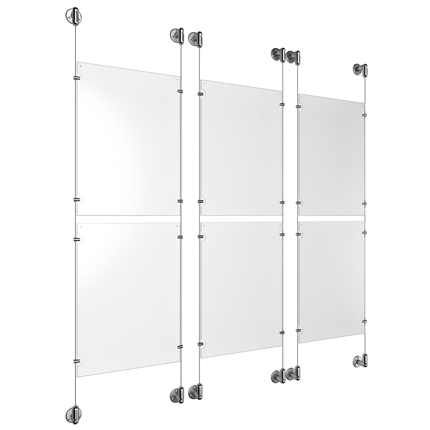 (6) 11'' Width x 17'' Height Clear Acrylic Frame & (6) Aluminum Clear Anodized Adjustable Angle Cable Systems with (24) Single-Sided Panel Grippers