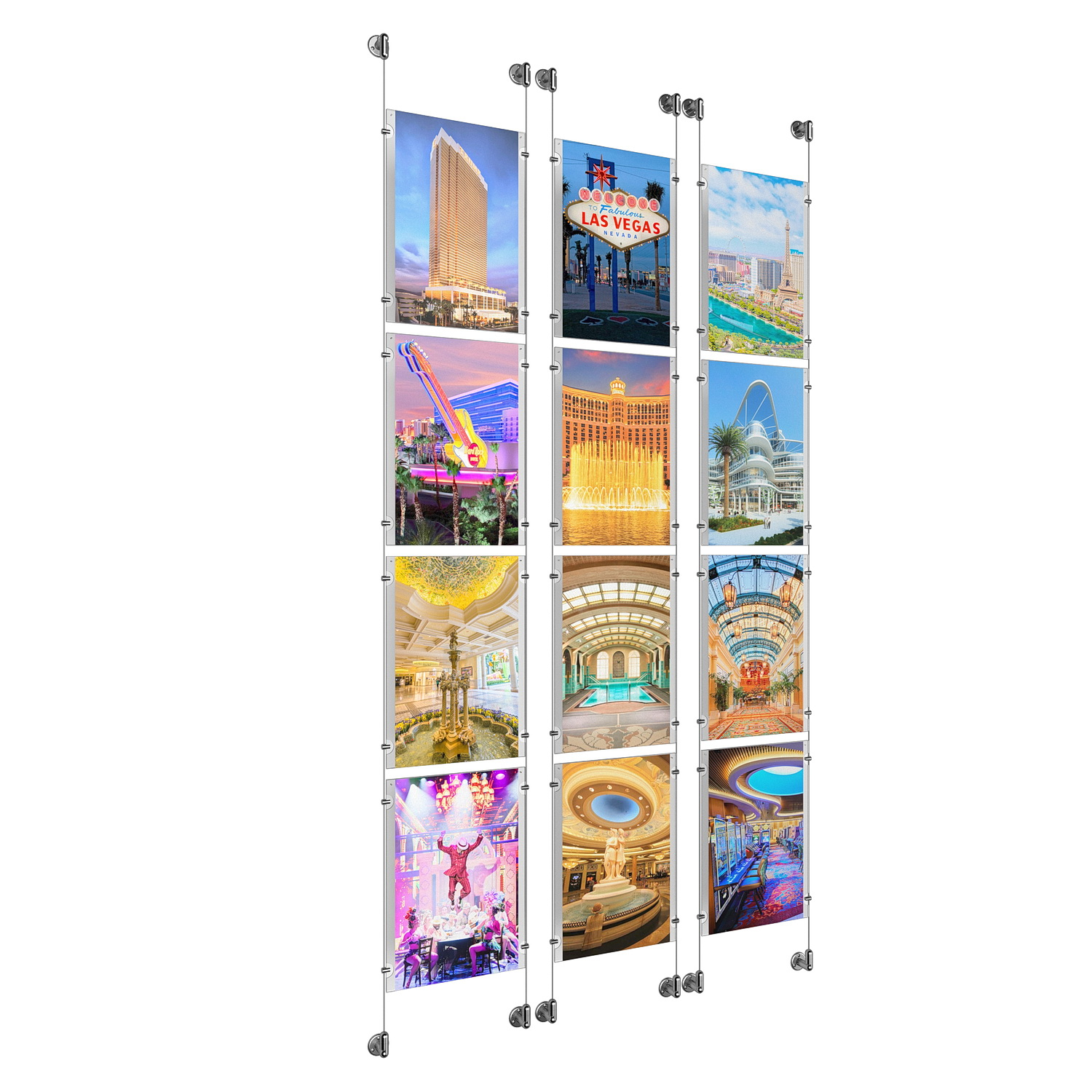 (12) 11'' Width x 17'' Height Clear Acrylic Frame & (6) Aluminum Clear Anodized Adjustable Angle Cable Systems with (48) Single-Sided Panel Grippers