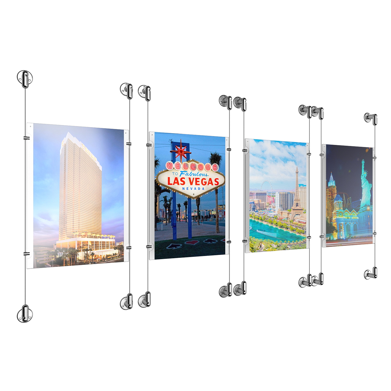 (4) 11'' Width x 17'' Height Clear Acrylic Frame & (8) Aluminum Clear Anodized Adjustable Angle Cable Systems with (16) Single-Sided Panel Grippers