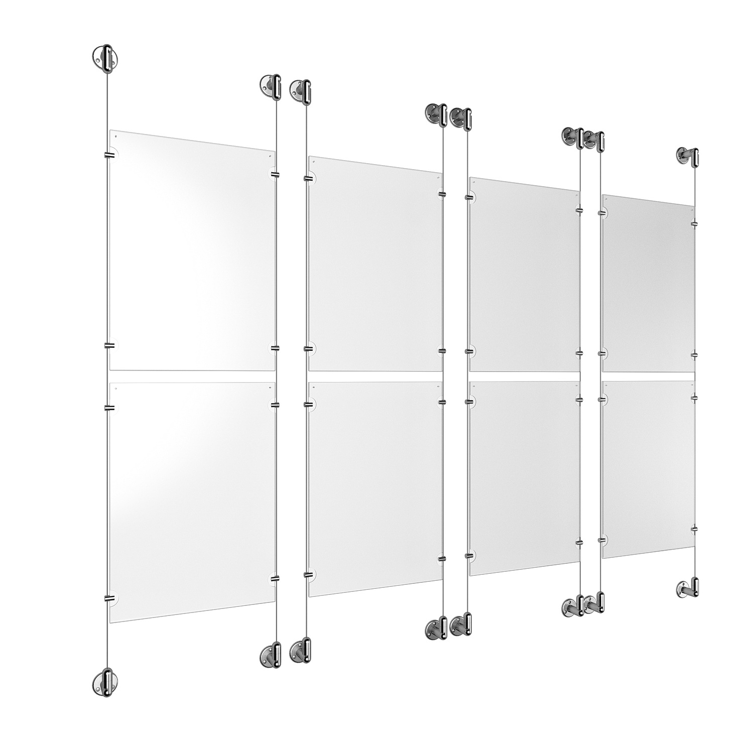 (8) 11'' Width x 17'' Height Clear Acrylic Frame & (8) Aluminum Clear Anodized Adjustable Angle Cable Systems with (32) Single-Sided Panel Grippers