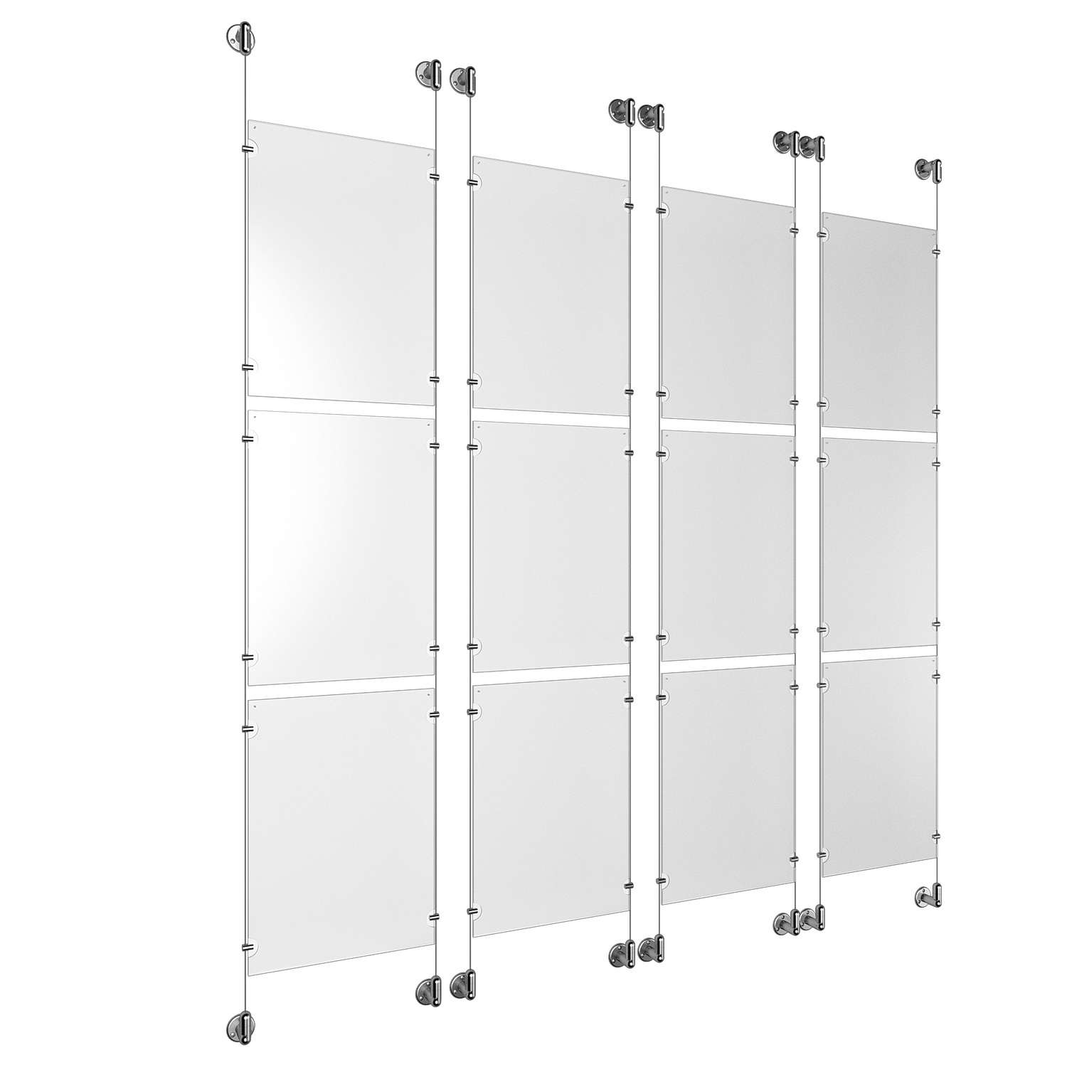 (12) 11'' Width x 17'' Height Clear Acrylic Frame & (8) Aluminum Clear Anodized Adjustable Angle Cable Systems with (48) Single-Sided Panel Grippers