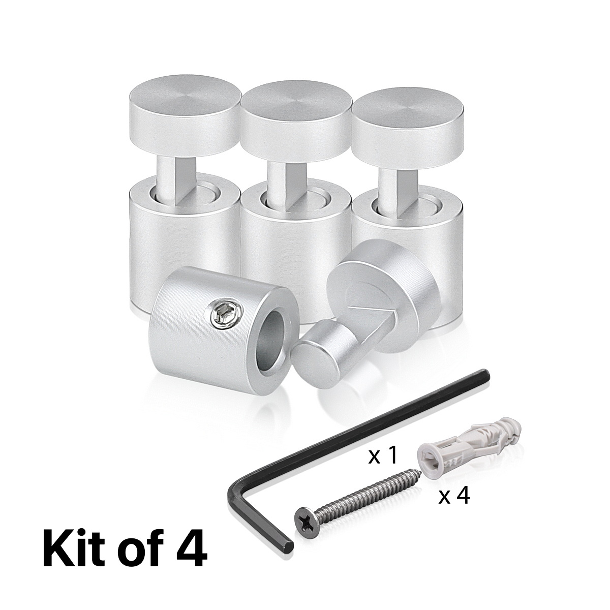 (Set of 4) 1/2'' Diameter X 1/2'' Barrel Length, Aluminum Clear Anodized Finish. Adjustable Edge Grip Standoff with (4) 2208Z Screw and (4) LANC1 Anchor  for concrete/drywall (For Inside Use Only)