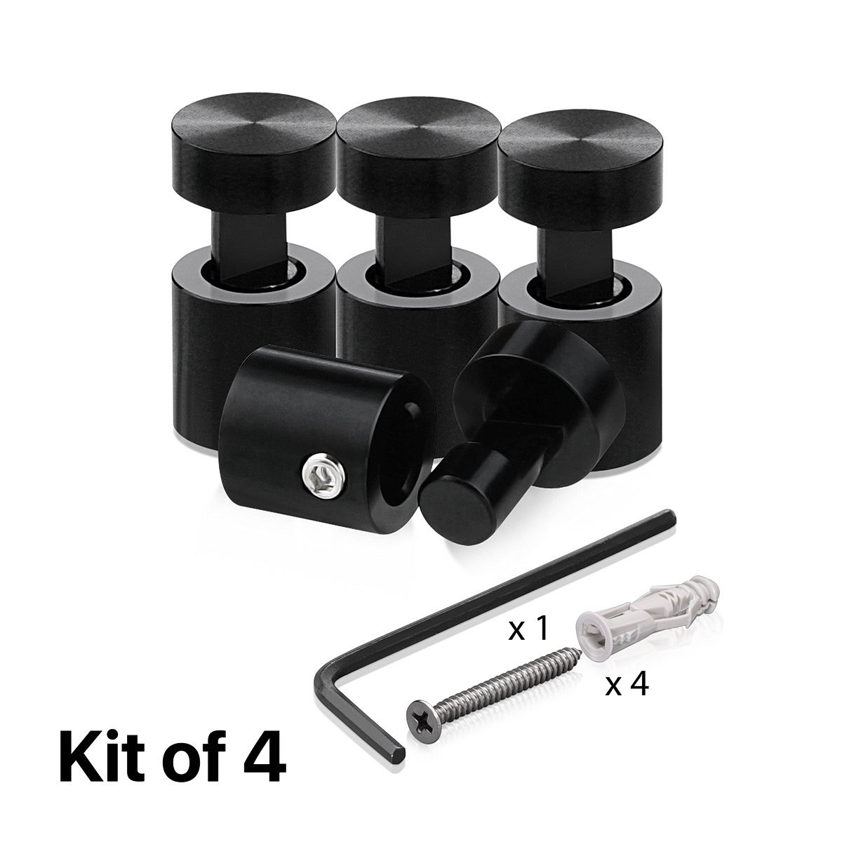 (Set of 4) 1/2'' Diameter X 1/2''  Barrel Length, Aluminum Black Anodized Finish. Adjustable Edge Grip Standoff with (4) 2208Z Screw and (4) LANC1 Anchor  for concrete/drywall (For Inside Use Only)