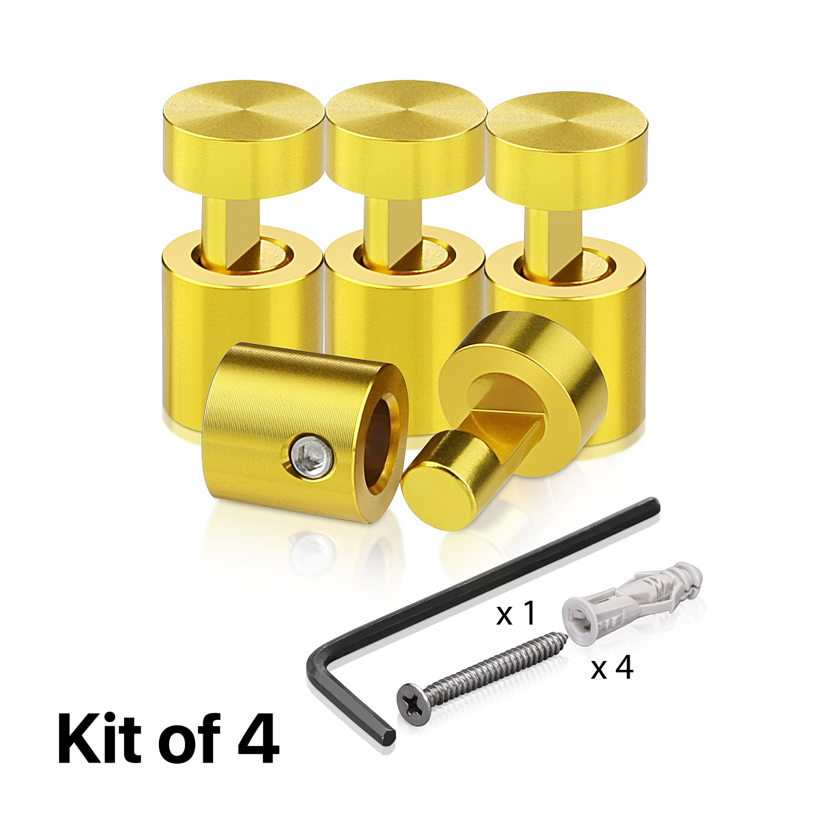 (Set of 4) 1/2'' Diameter X 1/2''  Barrel Length, Aluminum Gold Anodized Finish. Adjustable Edge Grip Standoff with (4) 2208Z Screw and (4) LANC1 Anchor  for concrete/drywall (For Inside Use Only)