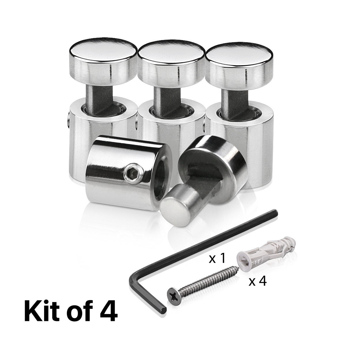 (Set of 4) 1/2'' Diameter X 1/2'' Barrel Length, Stainless Steel Polished Finish. Adjustable Edge Grip Standoff with (4) 2208Z Screw and (4) LANC1 Anchor  for concrete/drywall (For Inside Use Only)